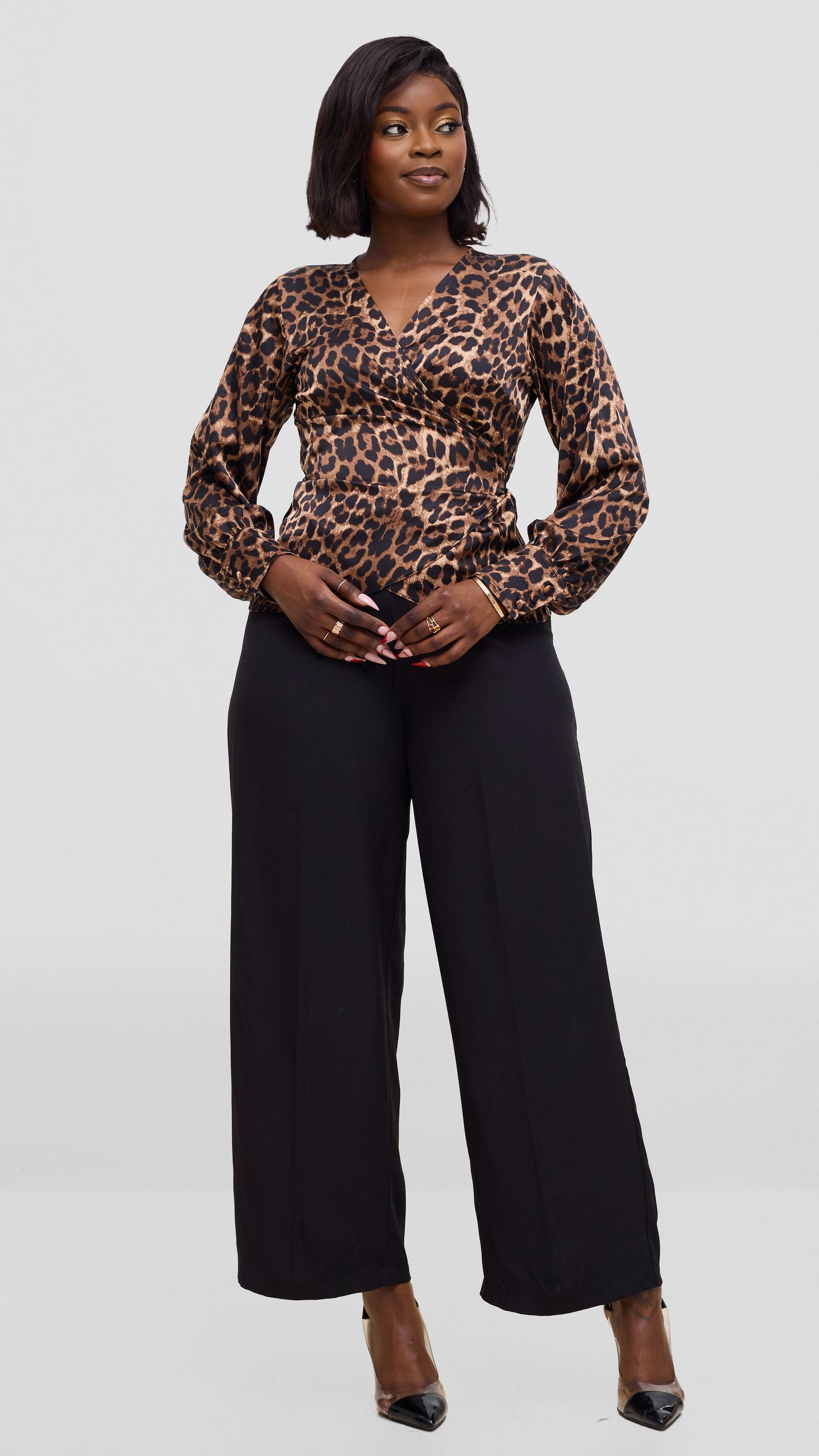 Vivo Merika Satin Wrap Top - Brown / Black Animal Print