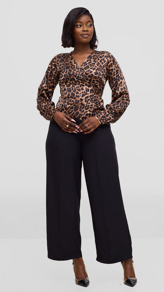 Vivo Merika Satin Wrap Top - Brown / Black Animal Print