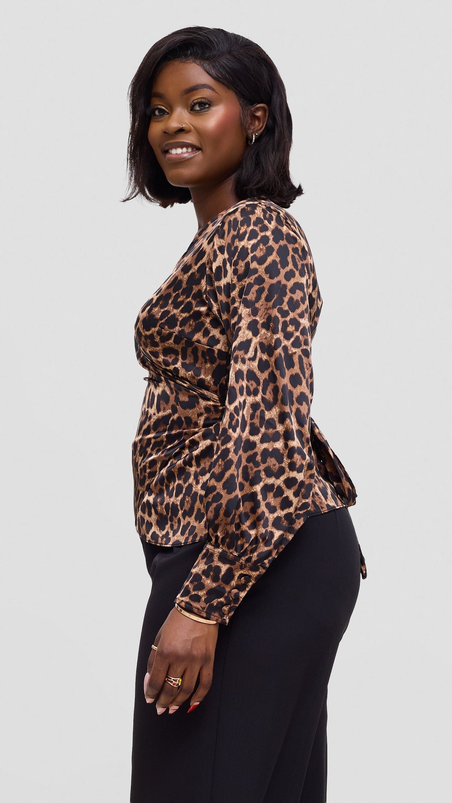 Vivo Merika Satin Wrap Top - Brown / Black Animal Print