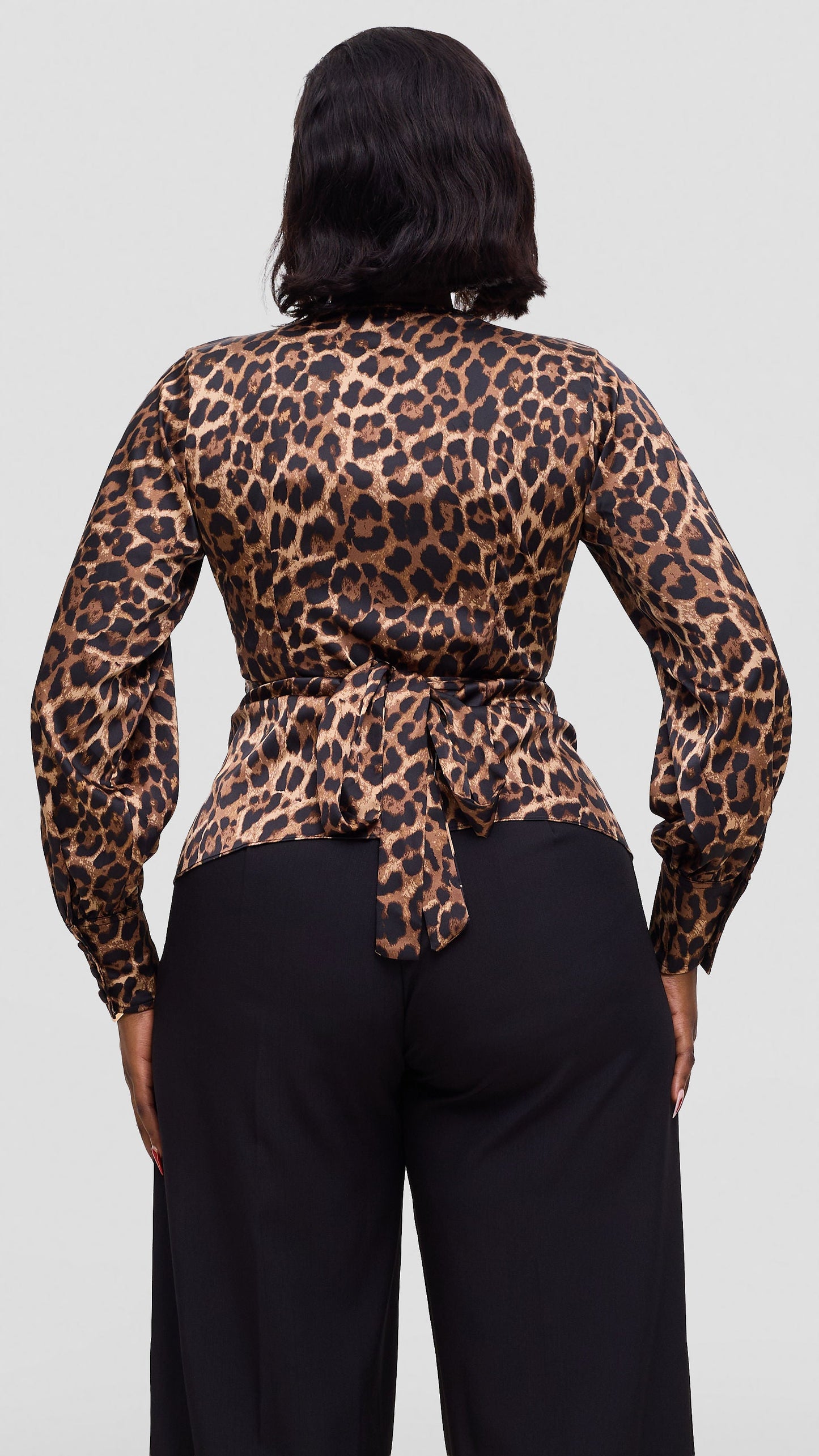 Vivo Merika Satin Wrap Top - Brown / Black Animal Print