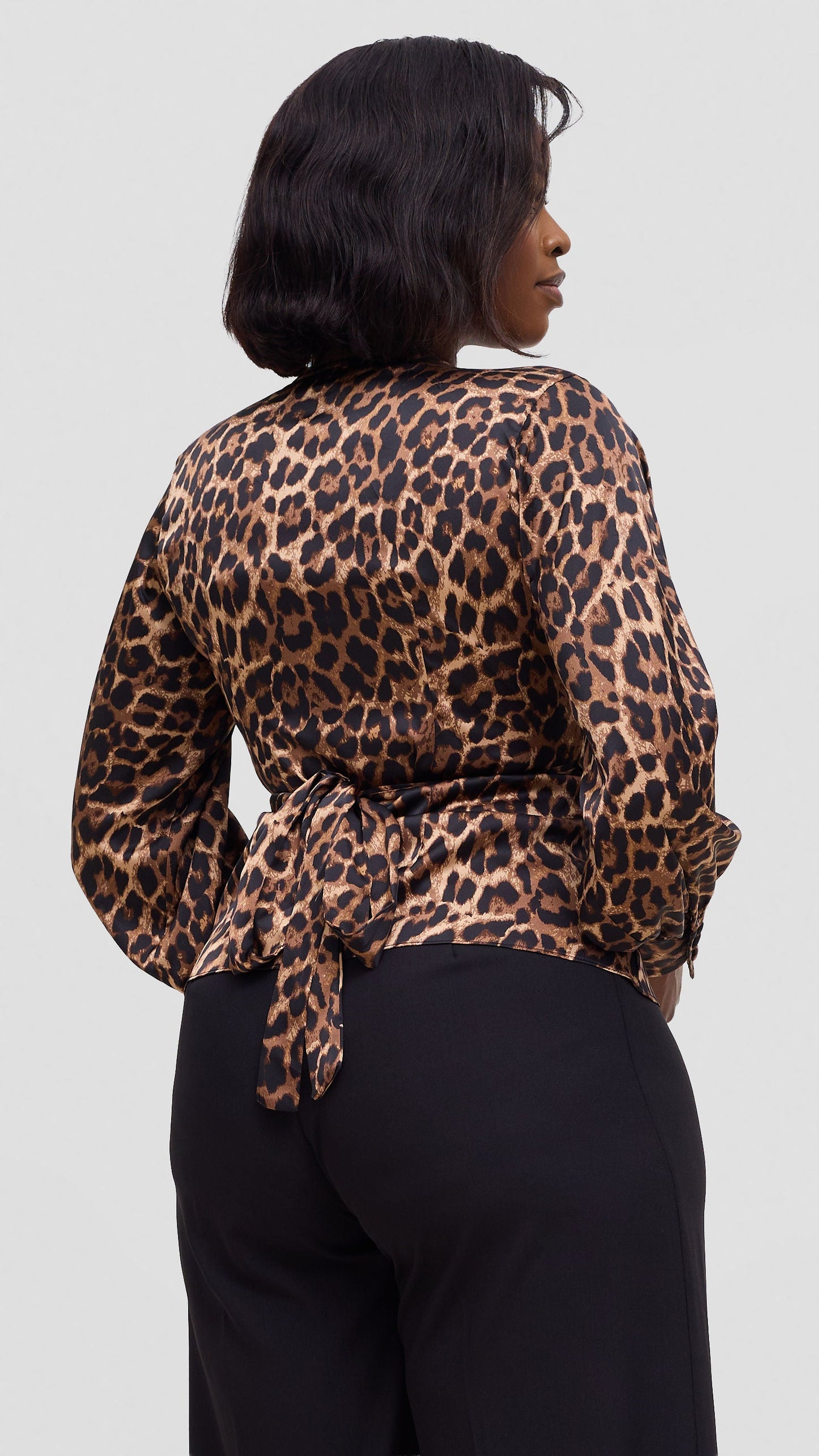 Vivo Merika Satin Wrap Top - Brown / Black Animal Print