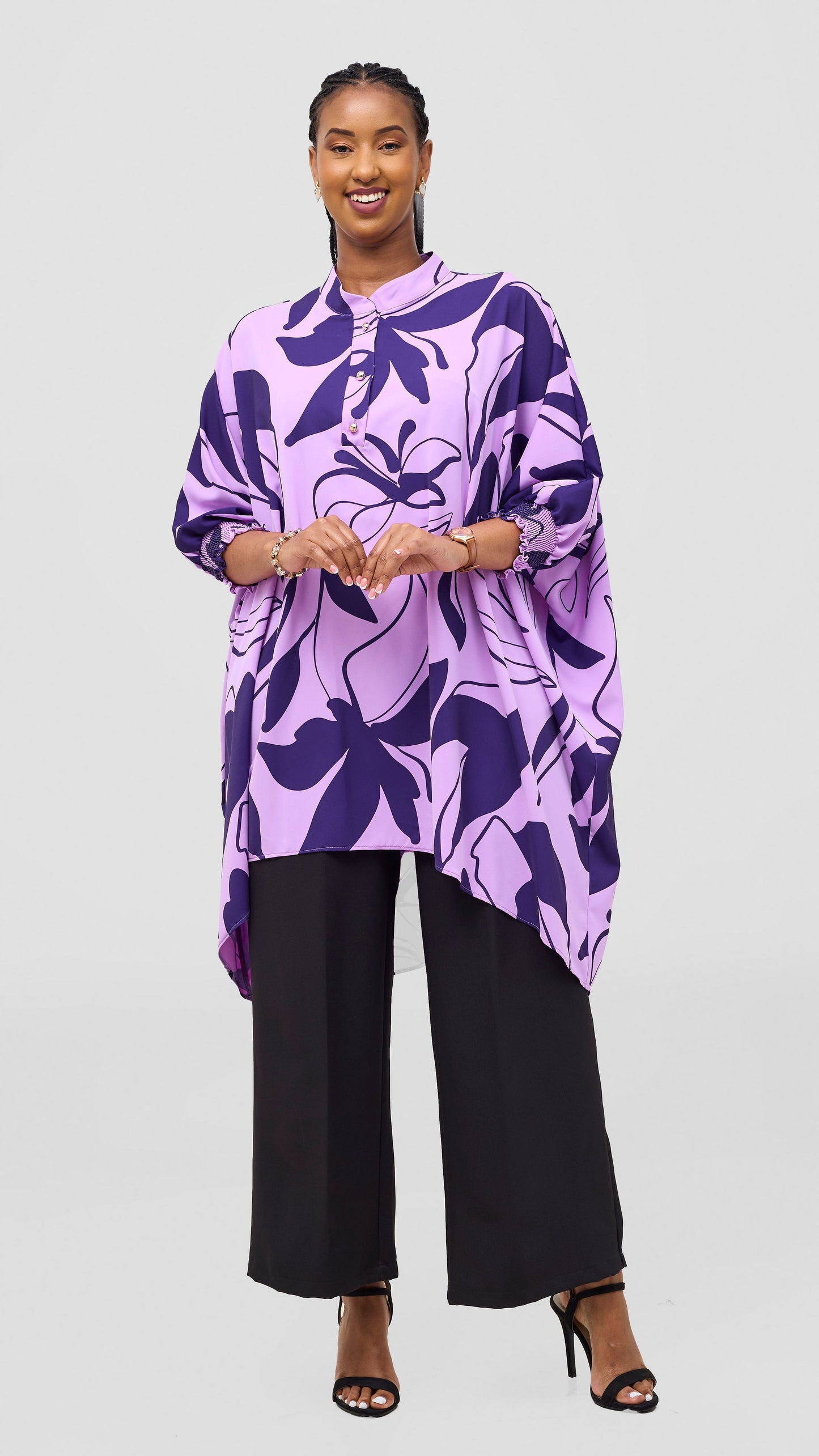 Vivo Wastani 3/4 Shirred Sleeve Wide Tunic - Lilac / Purple Zia Print