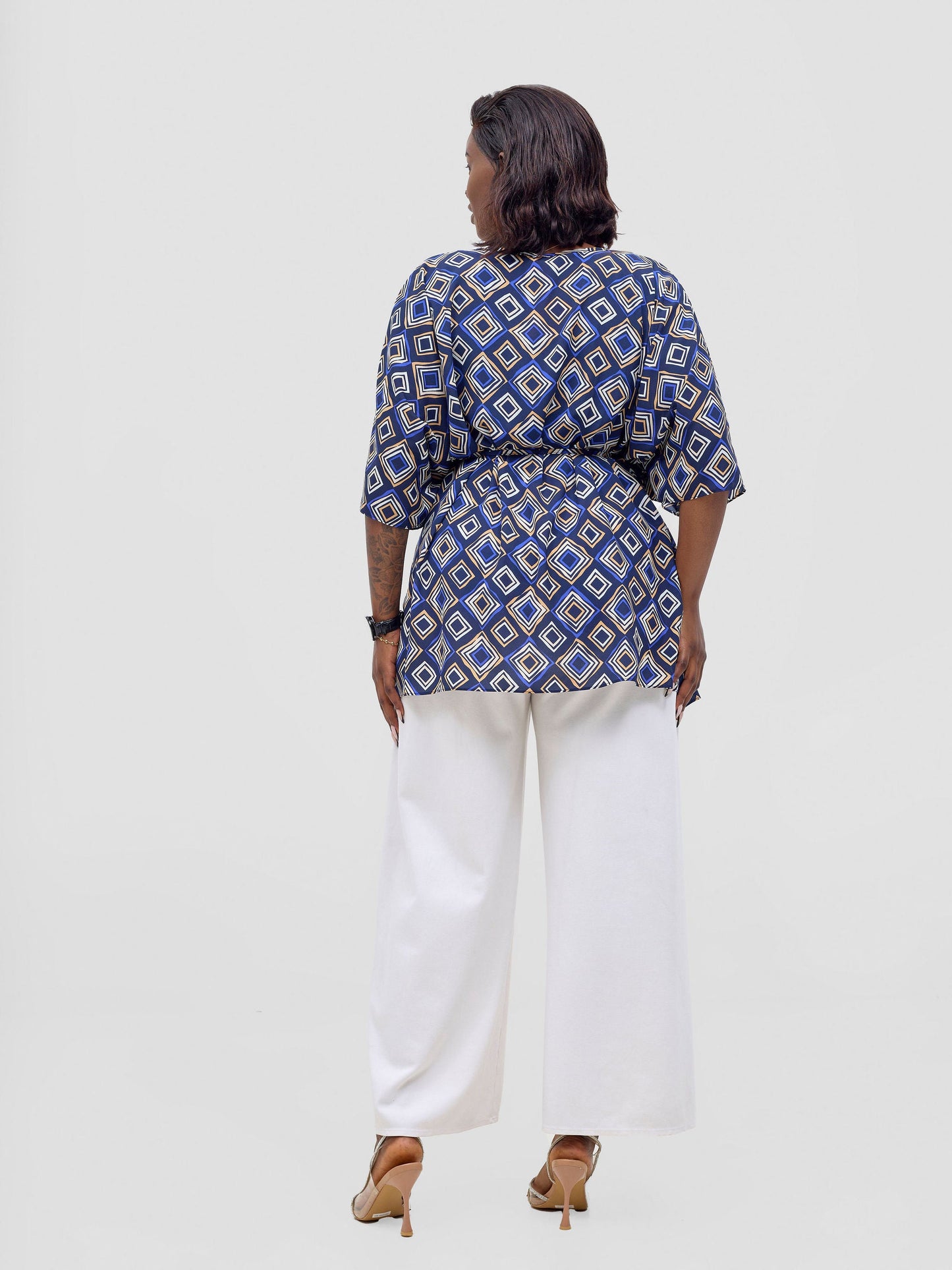 Vivo Basic Chiffon Tie Kaftan Top - Navy / Royal Blue Api Print