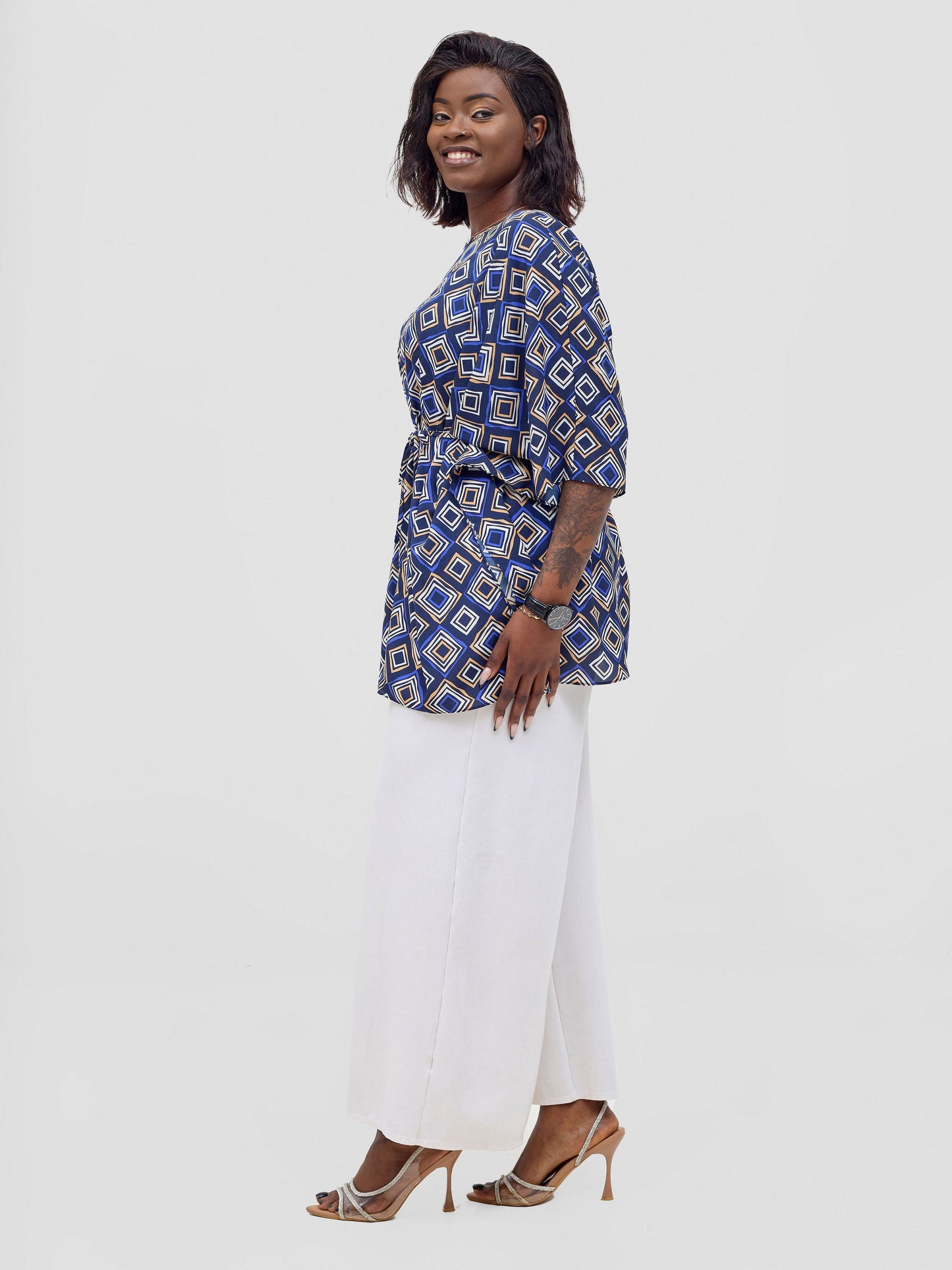 Vivo Basic Chiffon Tie Kaftan Top - Navy / Royal Blue Api Print