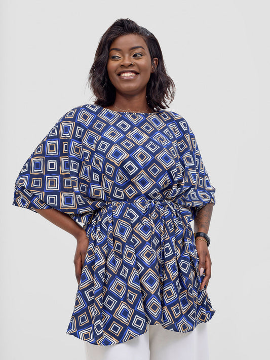 Vivo Basic Chiffon Tie Kaftan Top - Navy / Royal Blue Api Print
