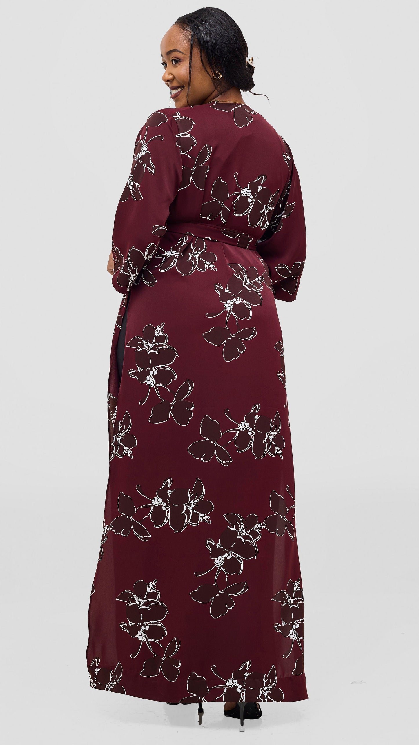 Vivo Alek High Slit Kimono - Maroon / Chocolate Print