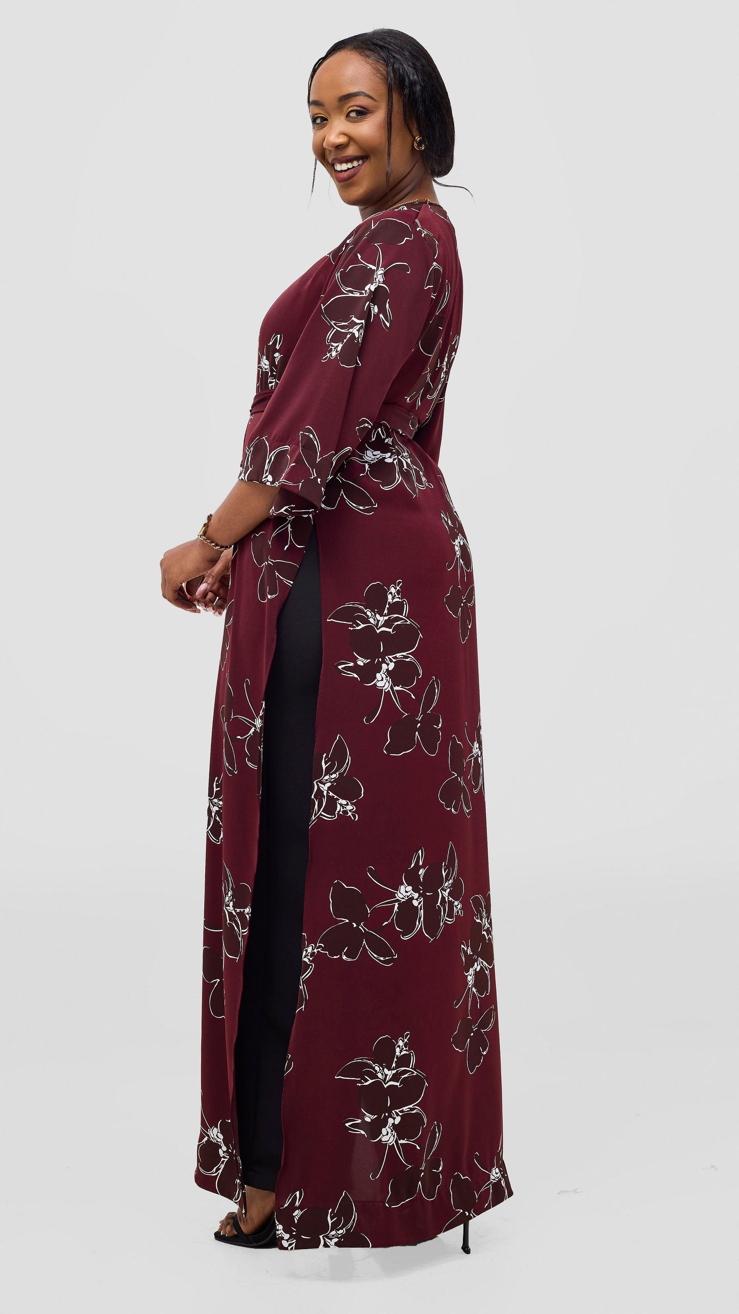 Vivo Alek High Slit Kimono - Maroon / Chocolate Print