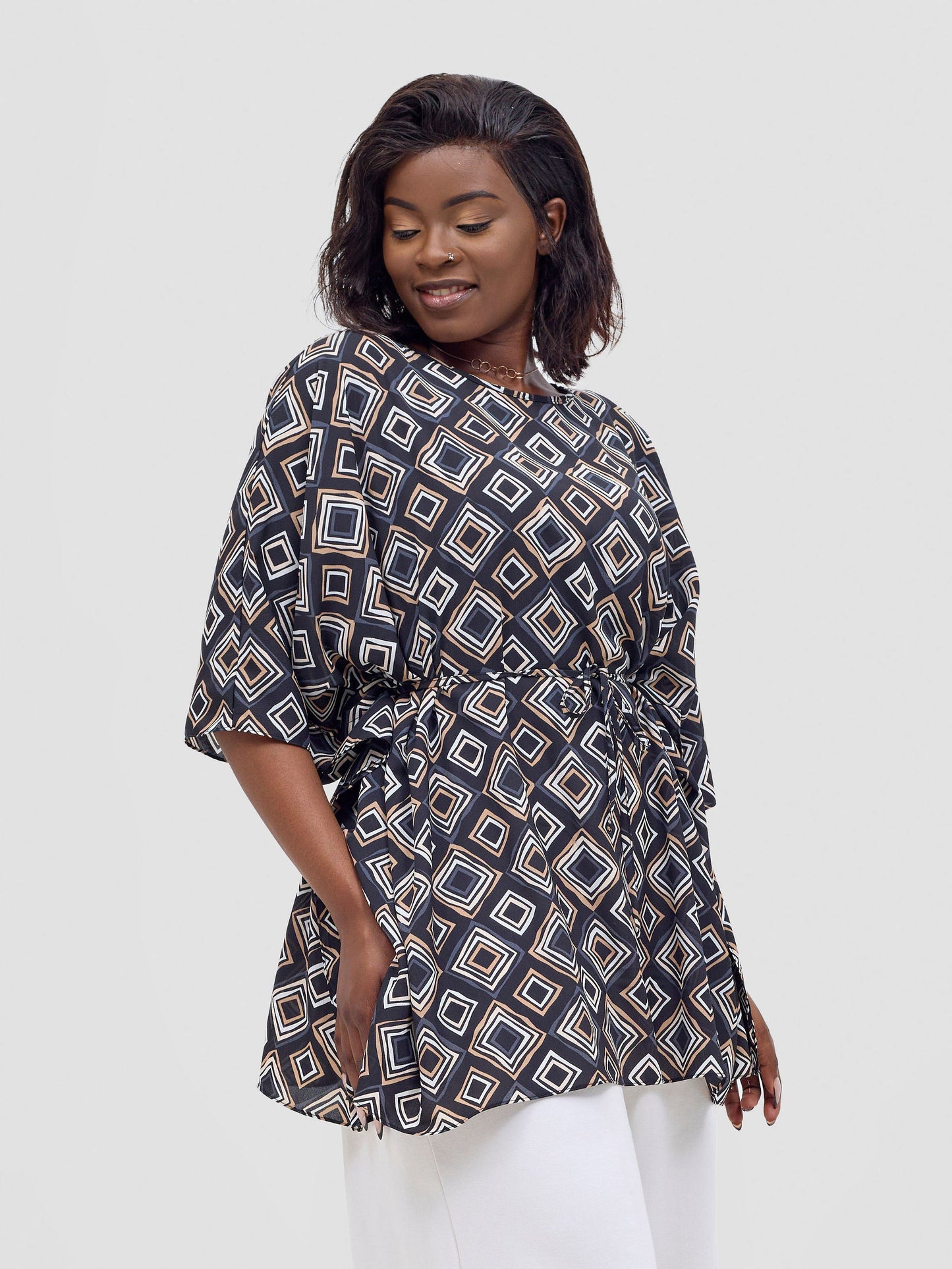 Vivo Basic Chiffon Tie Kaftan Top - Black / Taupe Api Print