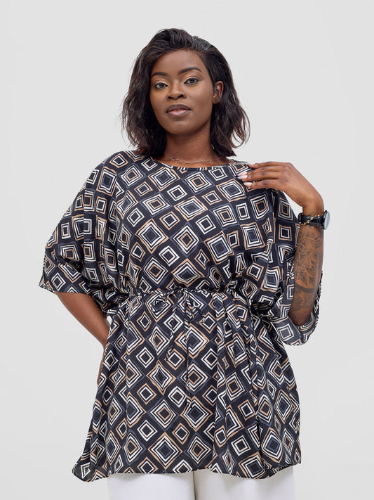 Vivo Basic Chiffon Tie Kaftan Top - Black / Taupe Api Print
