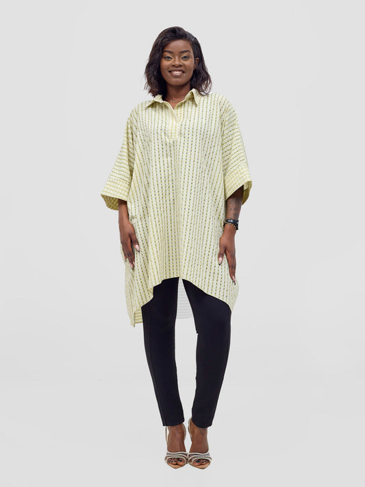 Vivo Mistari 3/4 Sleeve  V - Neck Collared Tunic Top -  Light Olive Checkered