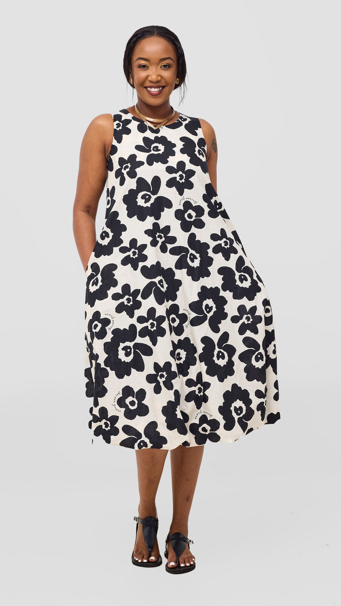 Safari Nazari Bubble Midi Dress - Black / Beige Print