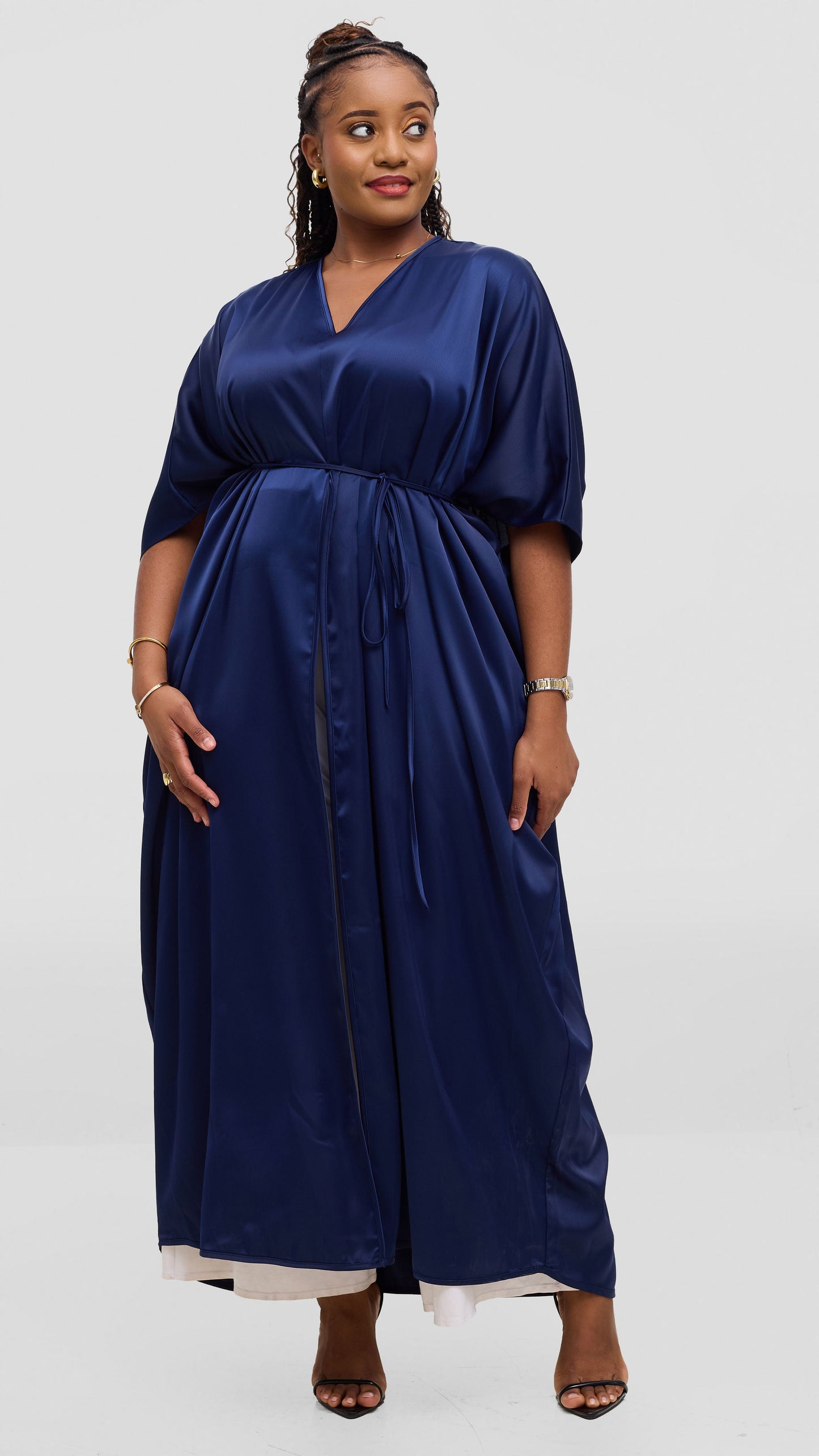 Vivo Essi Front Slit Maxi Top In Satin - Navy