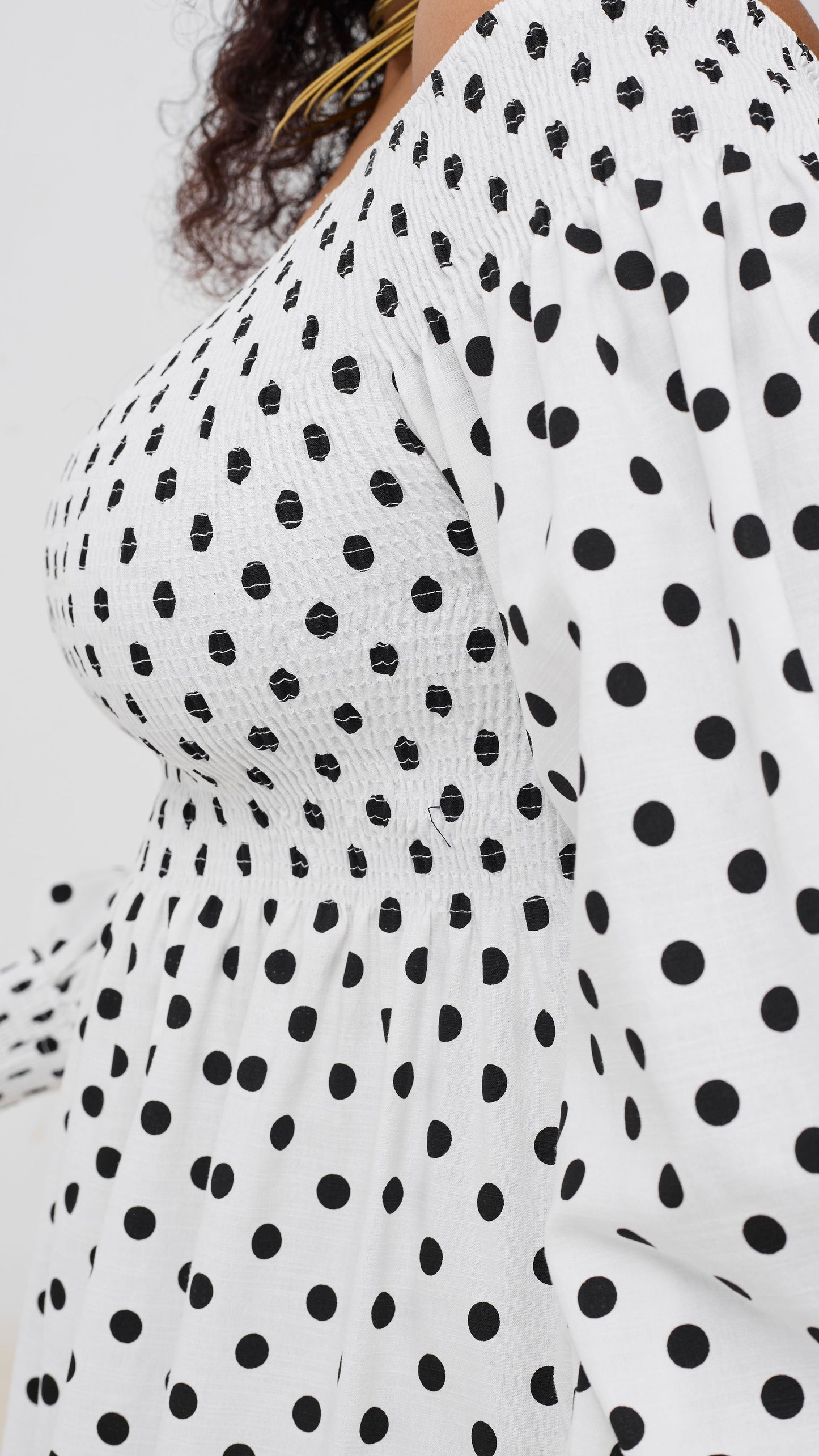 Safari Nazari Off Shoulder Dress - White / Black Polka Print
