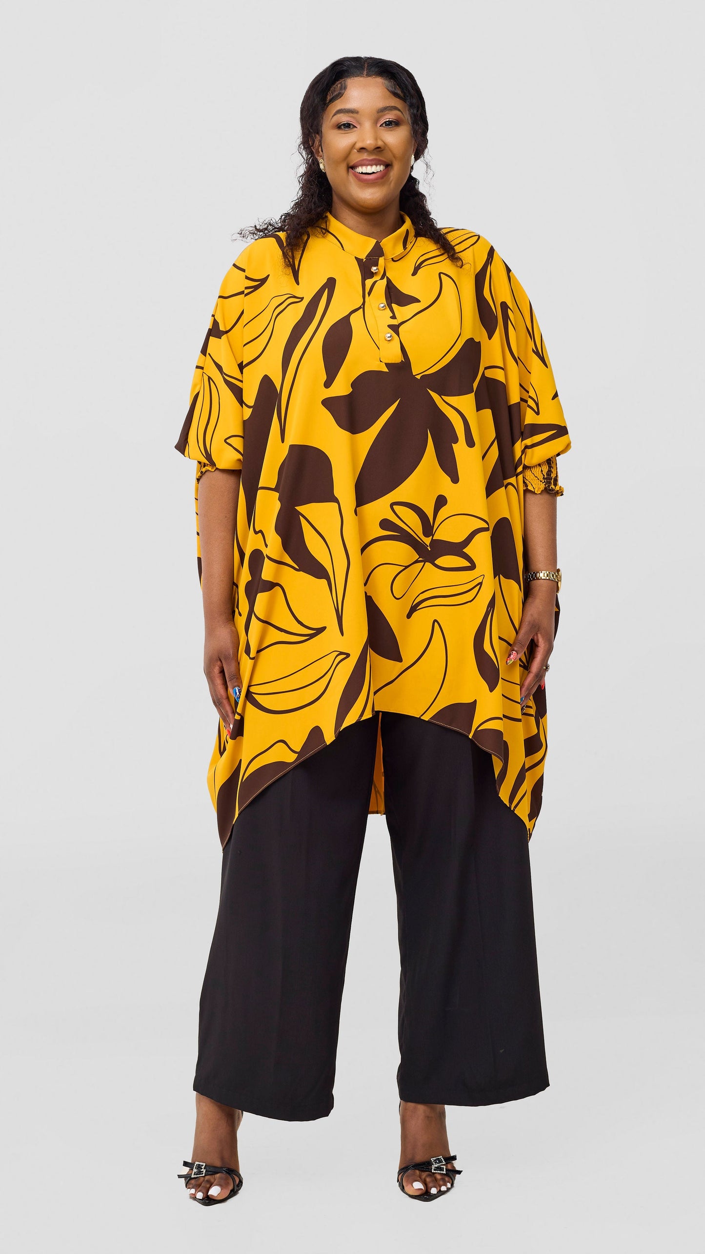 Vivo Wastani 3/4 Shirred Sleeve Wide Tunic - Mustard / Chocolate Zia Print