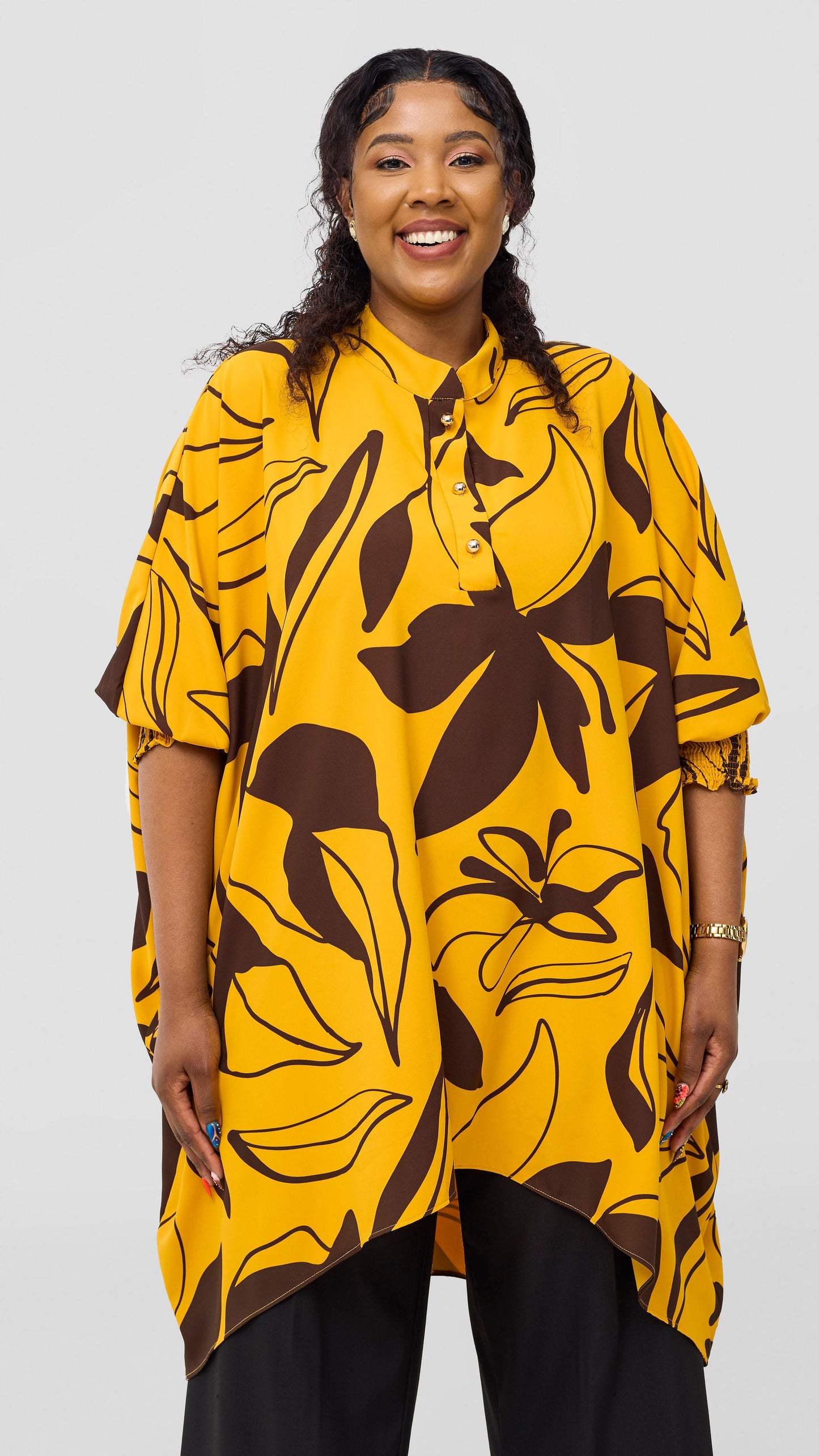 Vivo Wastani 3/4 Shirred Sleeve Wide Tunic - Mustard / Chocolate Zia Print