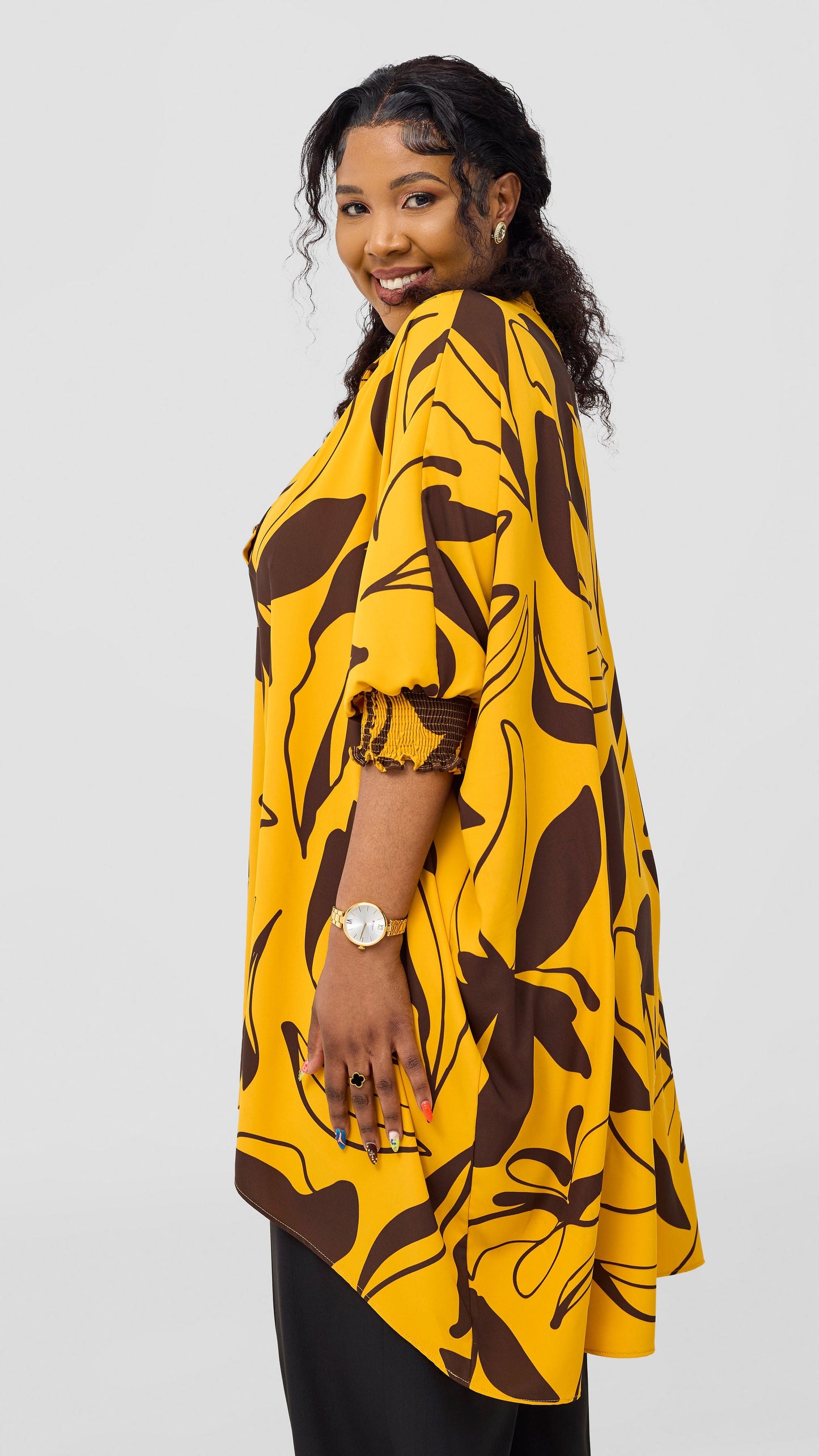 Vivo Wastani 3/4 Shirred Sleeve Wide Tunic - Mustard / Chocolate Zia Print