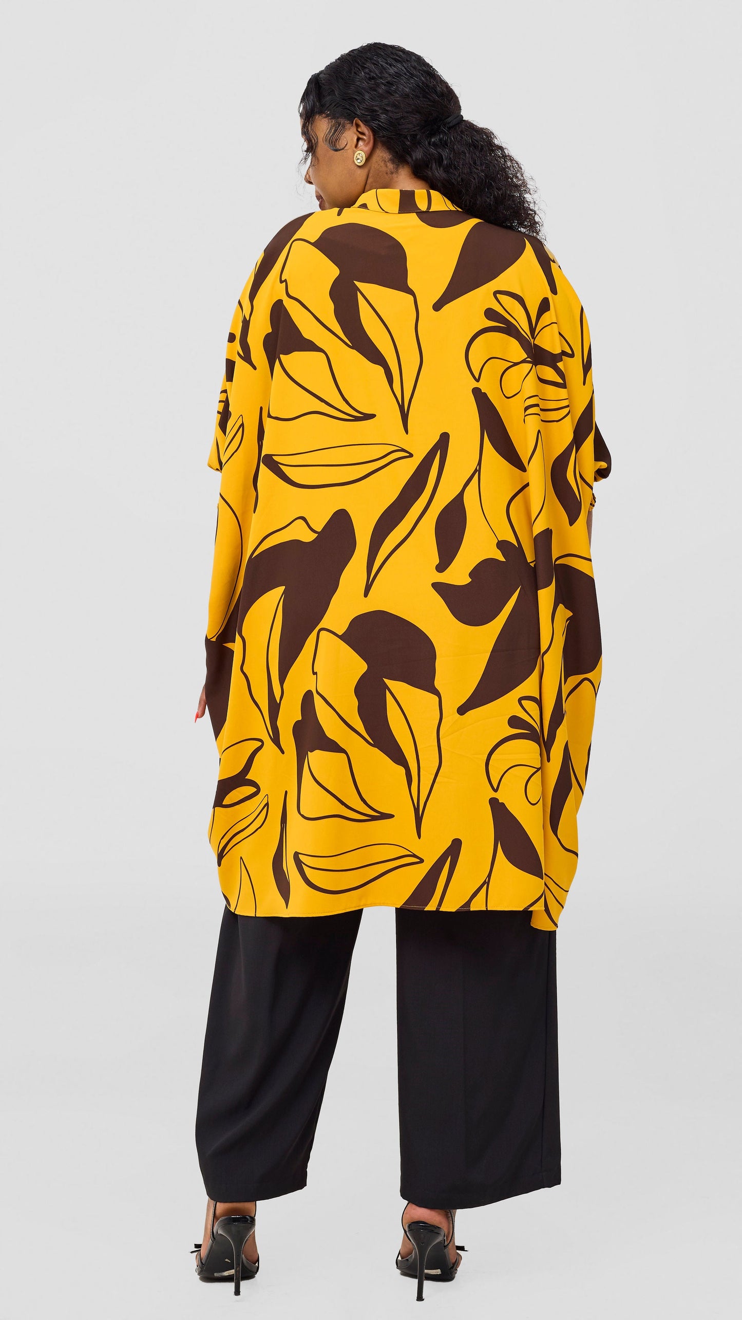 Vivo Wastani 3/4 Shirred Sleeve Wide Tunic - Mustard / Chocolate Zia Print