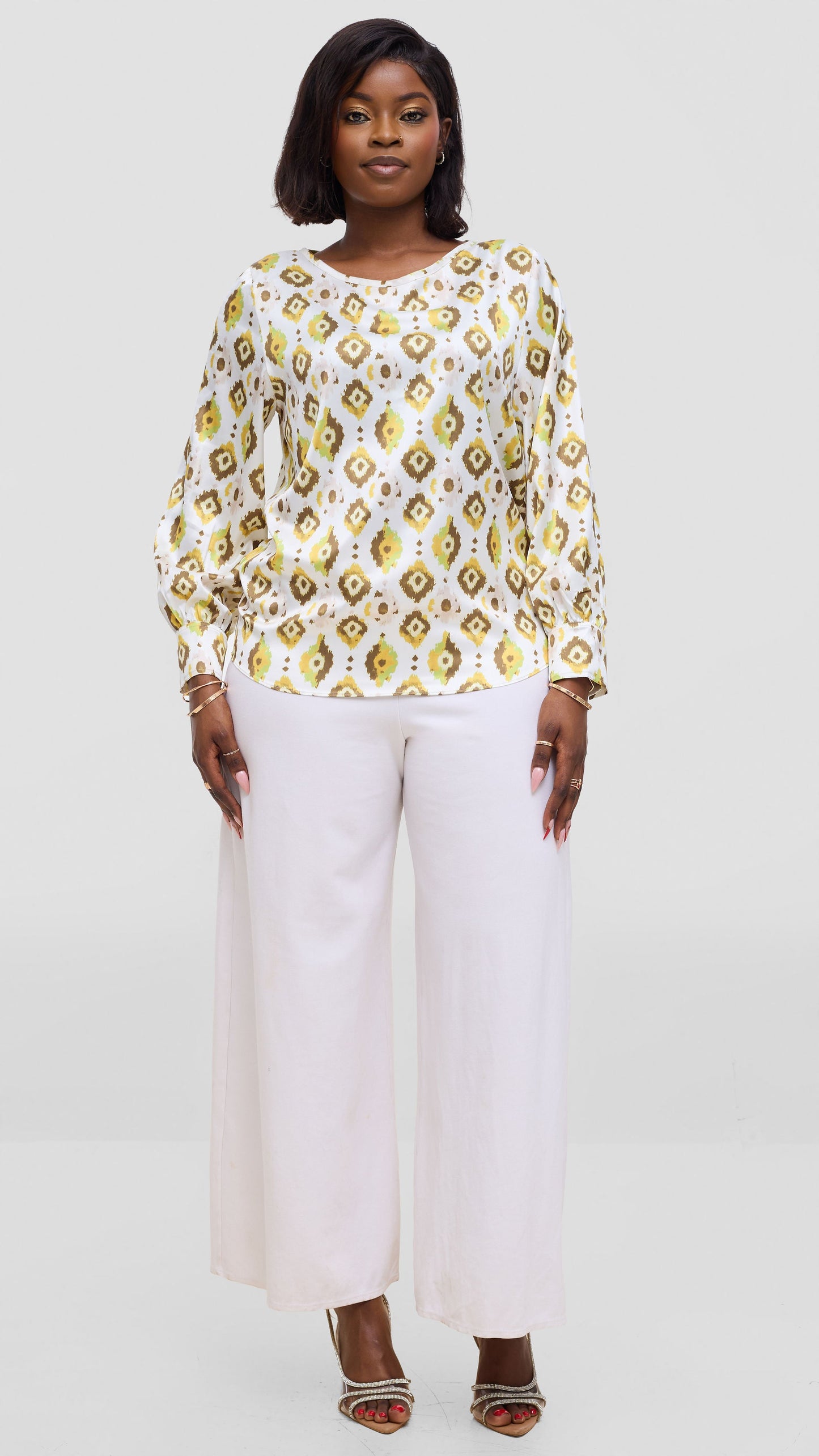 Vivo Tatili Bishop Long Sleeve Top In Satin - Olive  Multicolor
