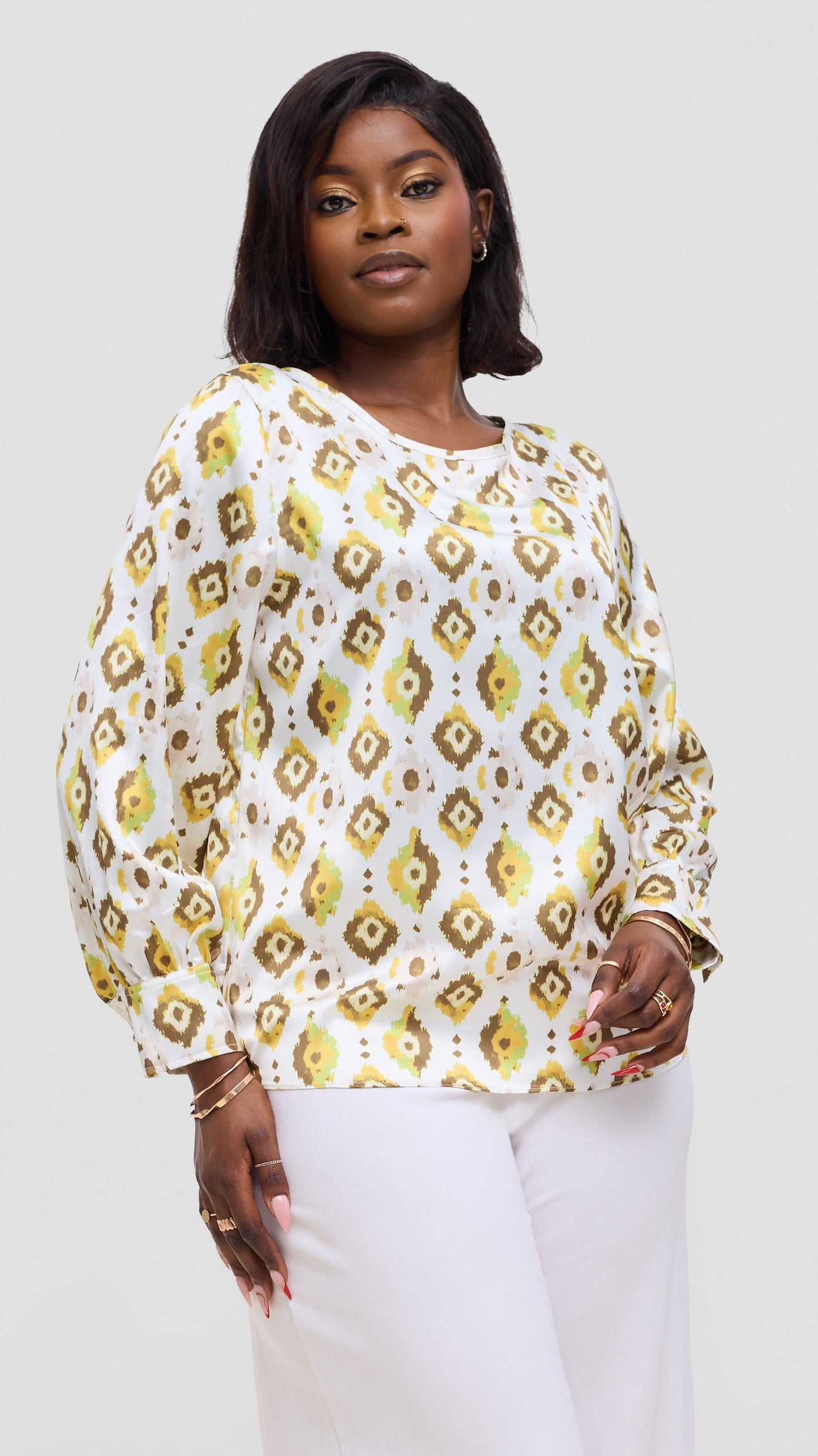 Vivo Tatili Bishop Long Sleeve Top In Satin - Olive  Multicolor