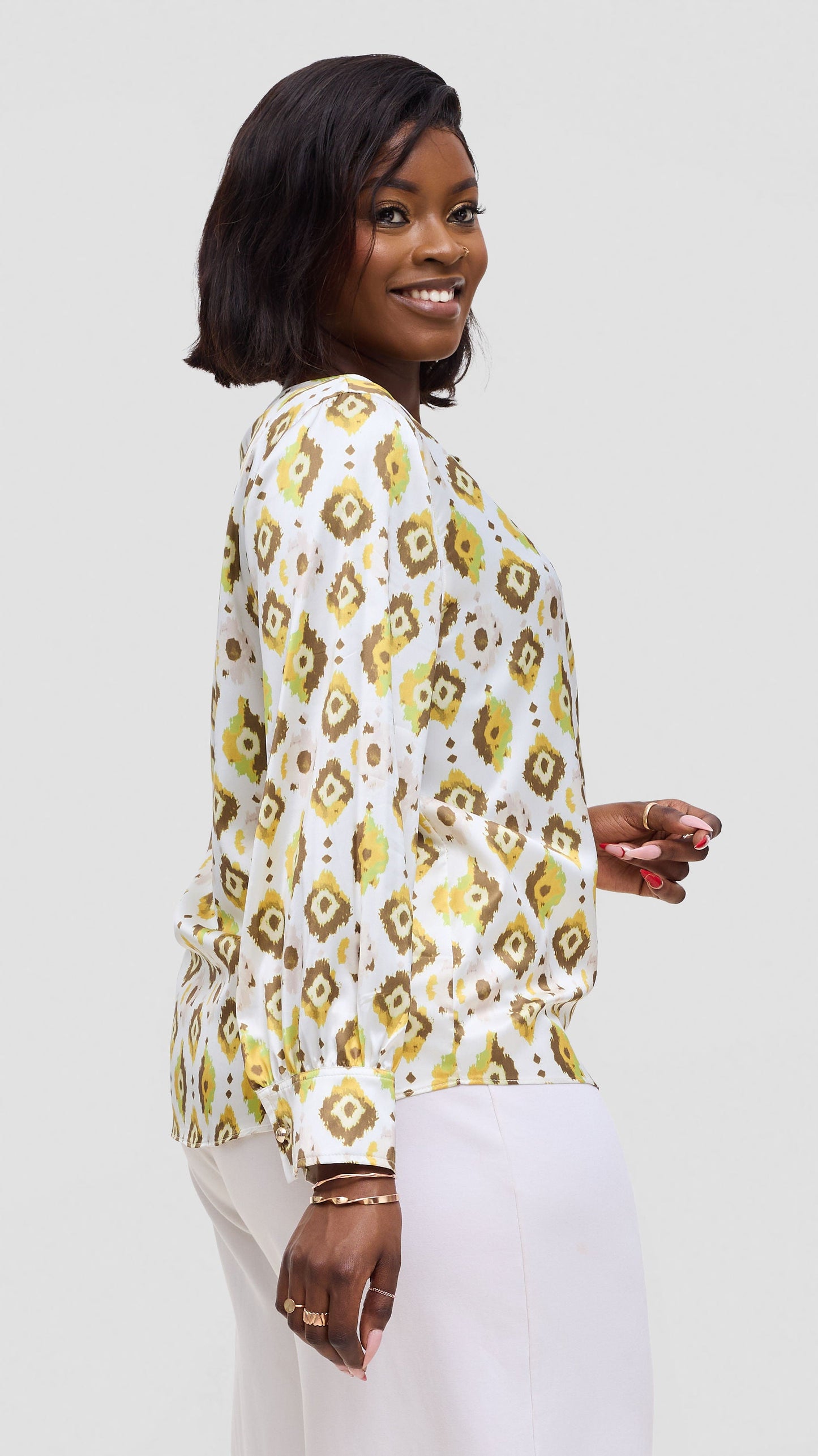 Vivo Tatili Bishop Long Sleeve Top In Satin - Olive  Multicolor
