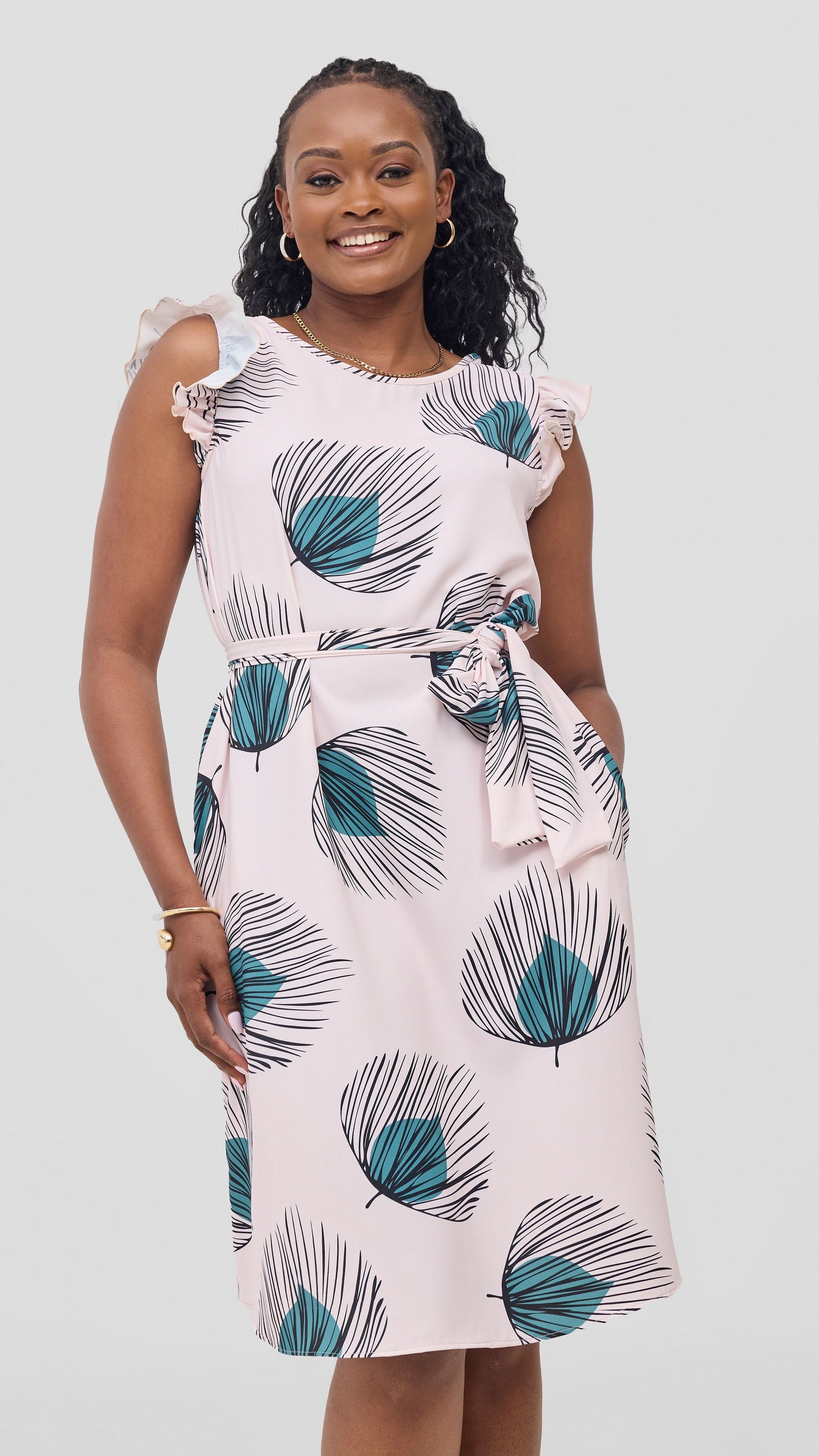 Vivo Nasinka A-Line Knee Length Dress - Light Pink / Green Fani Print