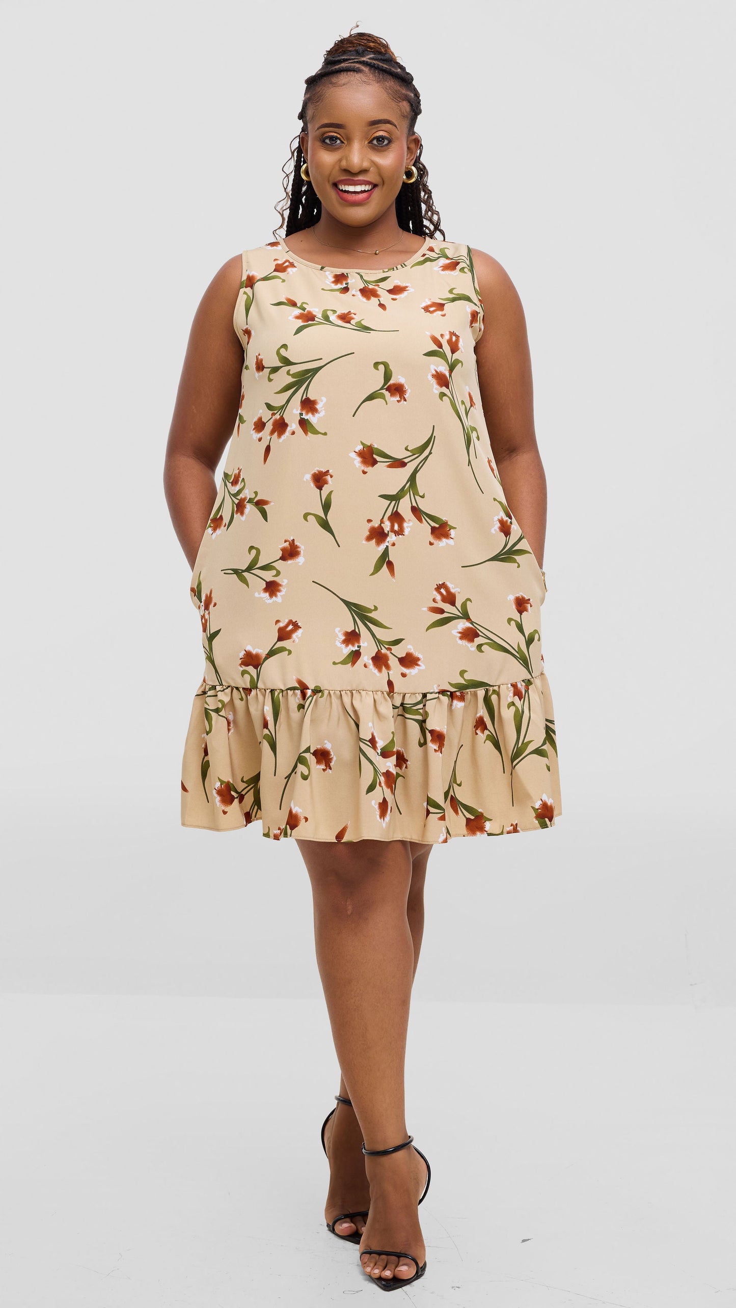 Vivo Dalia Sleeveless Gathered Tent Dress - Cream / Green Print