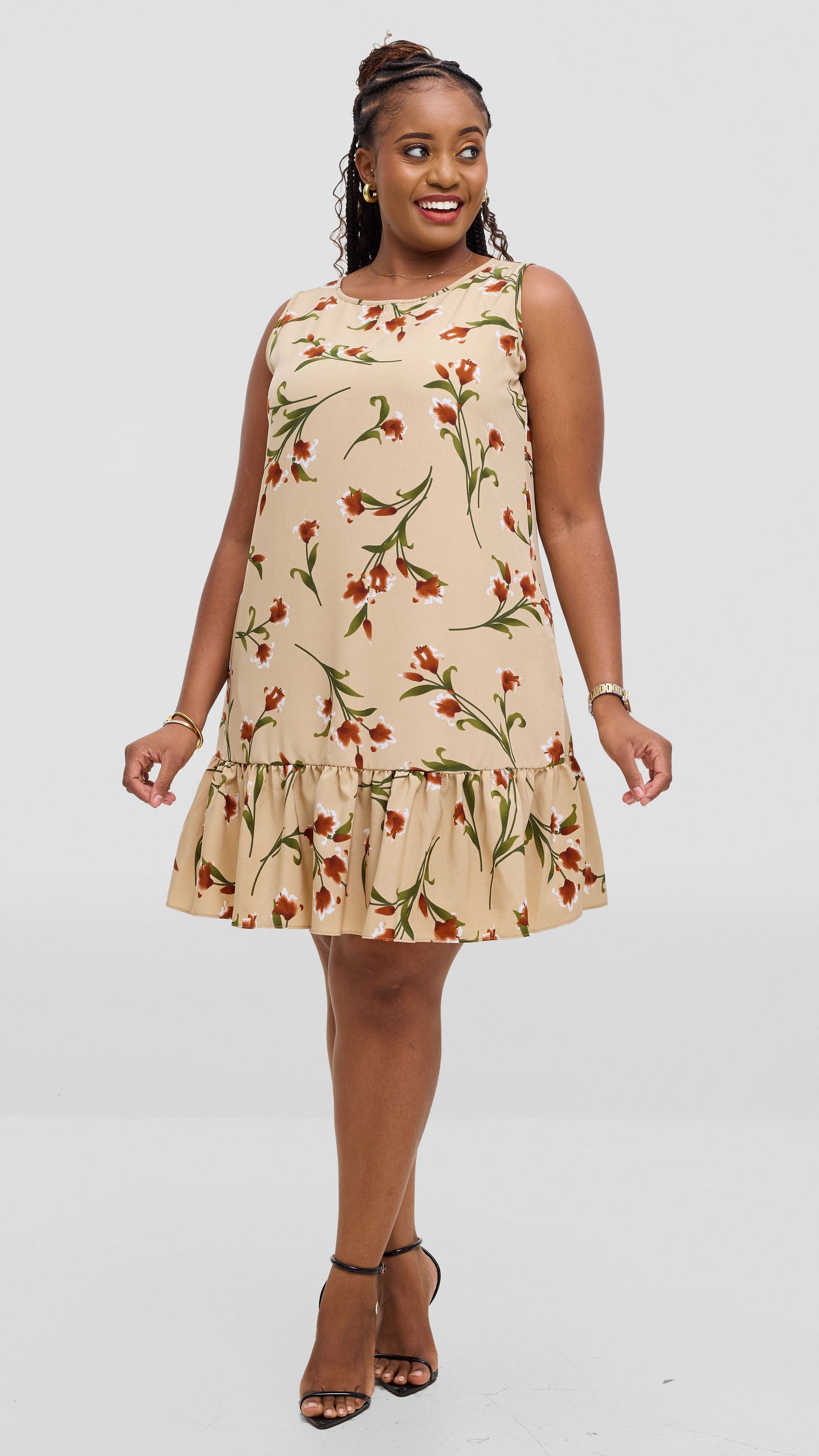 Vivo Dalia Sleeveless Gathered Tent Dress - Cream / Green Print