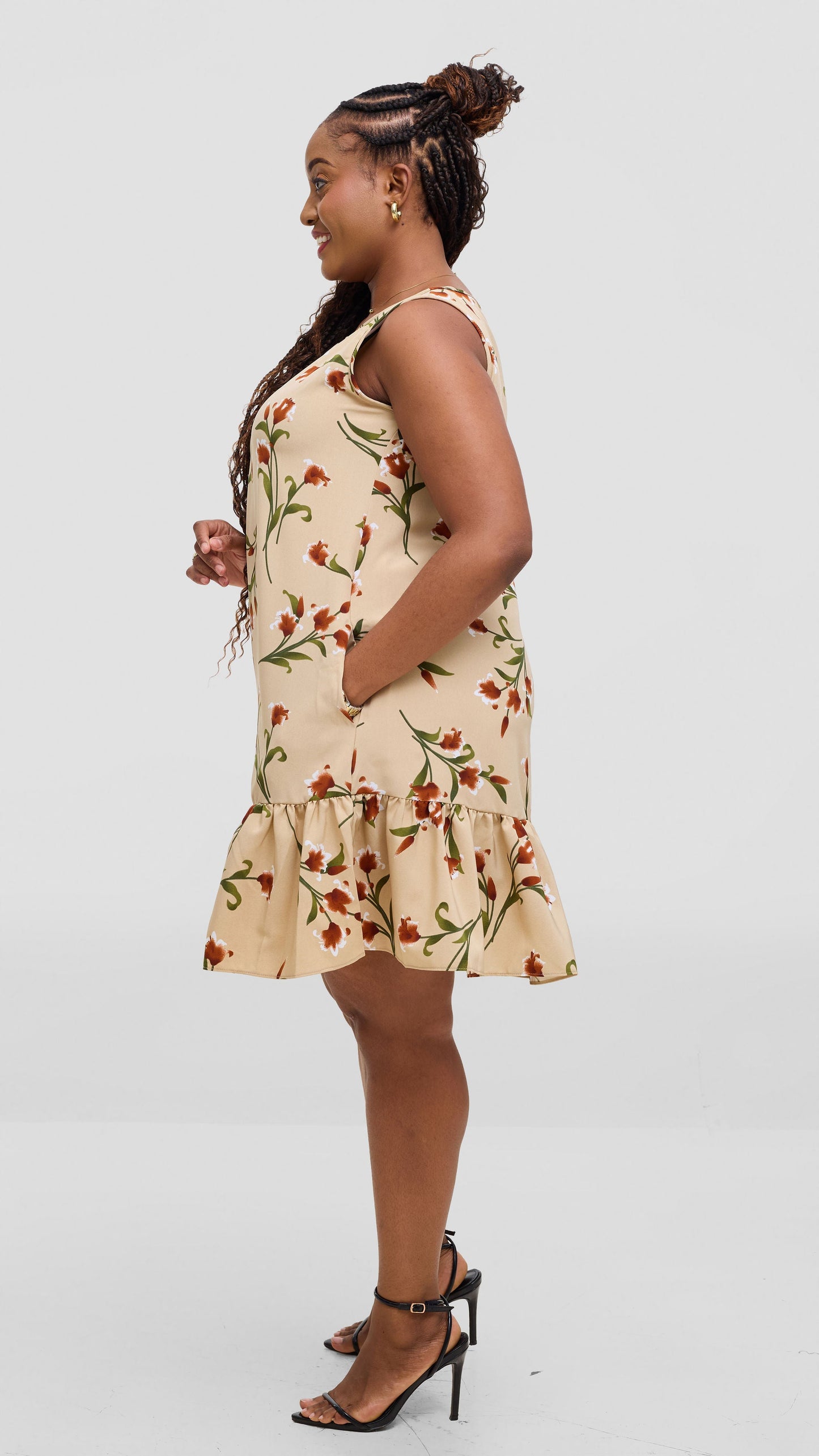 Vivo Dalia Sleeveless Gathered Tent Dress - Cream / Green Print