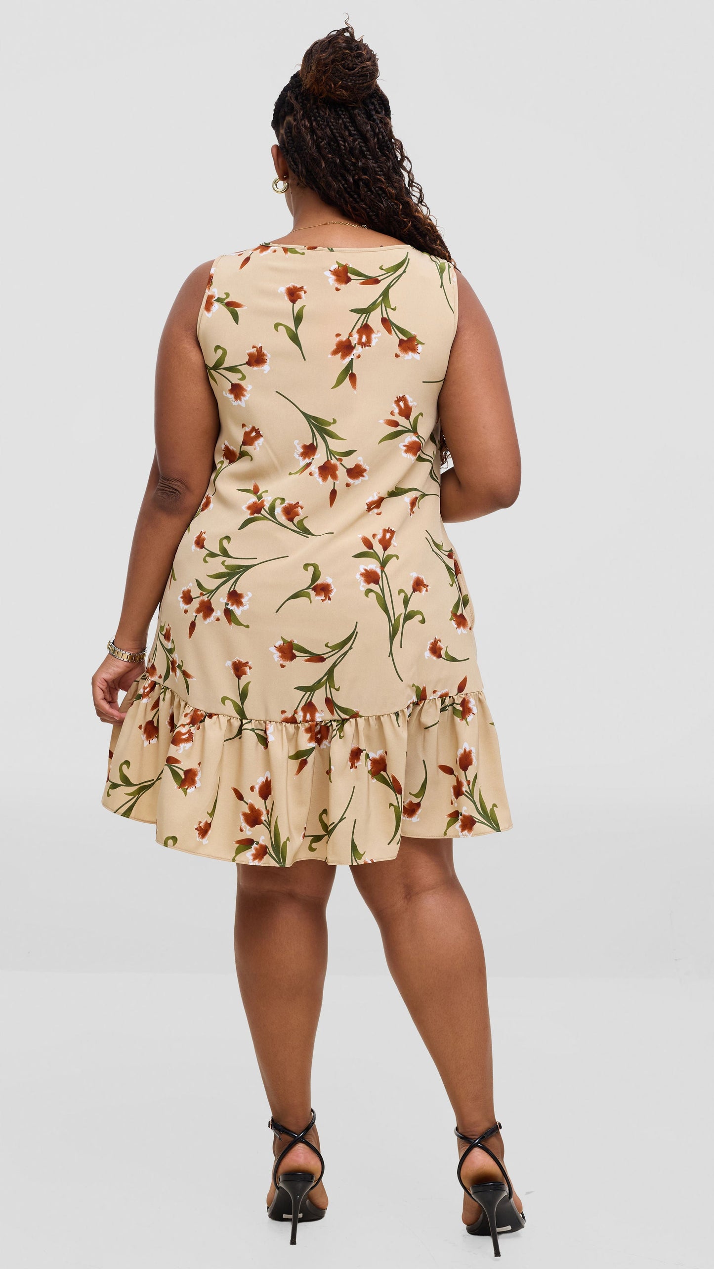Vivo Dalia Sleeveless Gathered Tent Dress - Cream / Green Print
