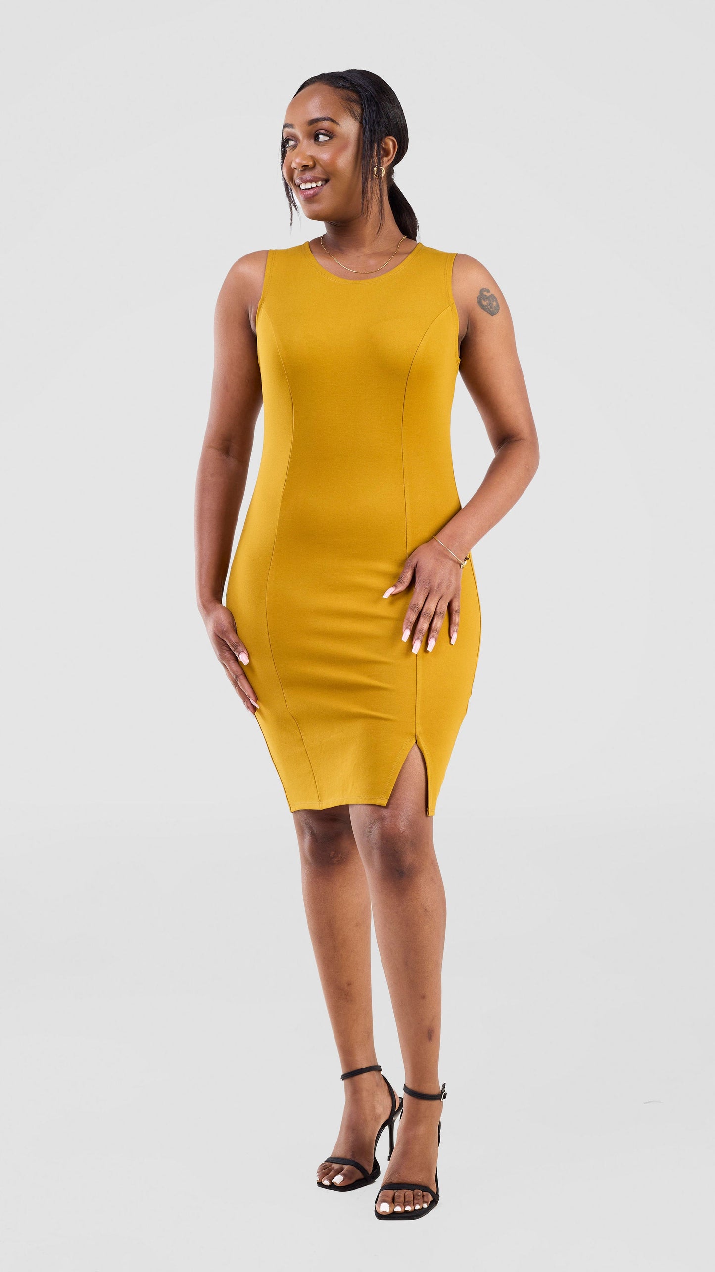 Vivo Lena Front Slit Knee Length Dress - Dark Mustard