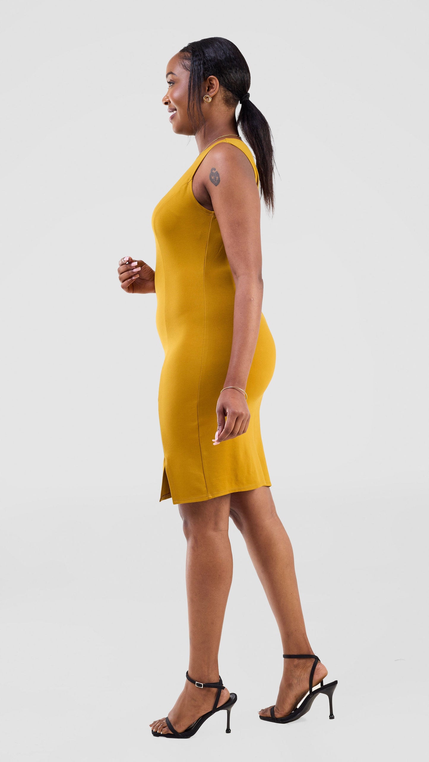 Vivo Lena Front Slit Knee Length Dress - Dark Mustard