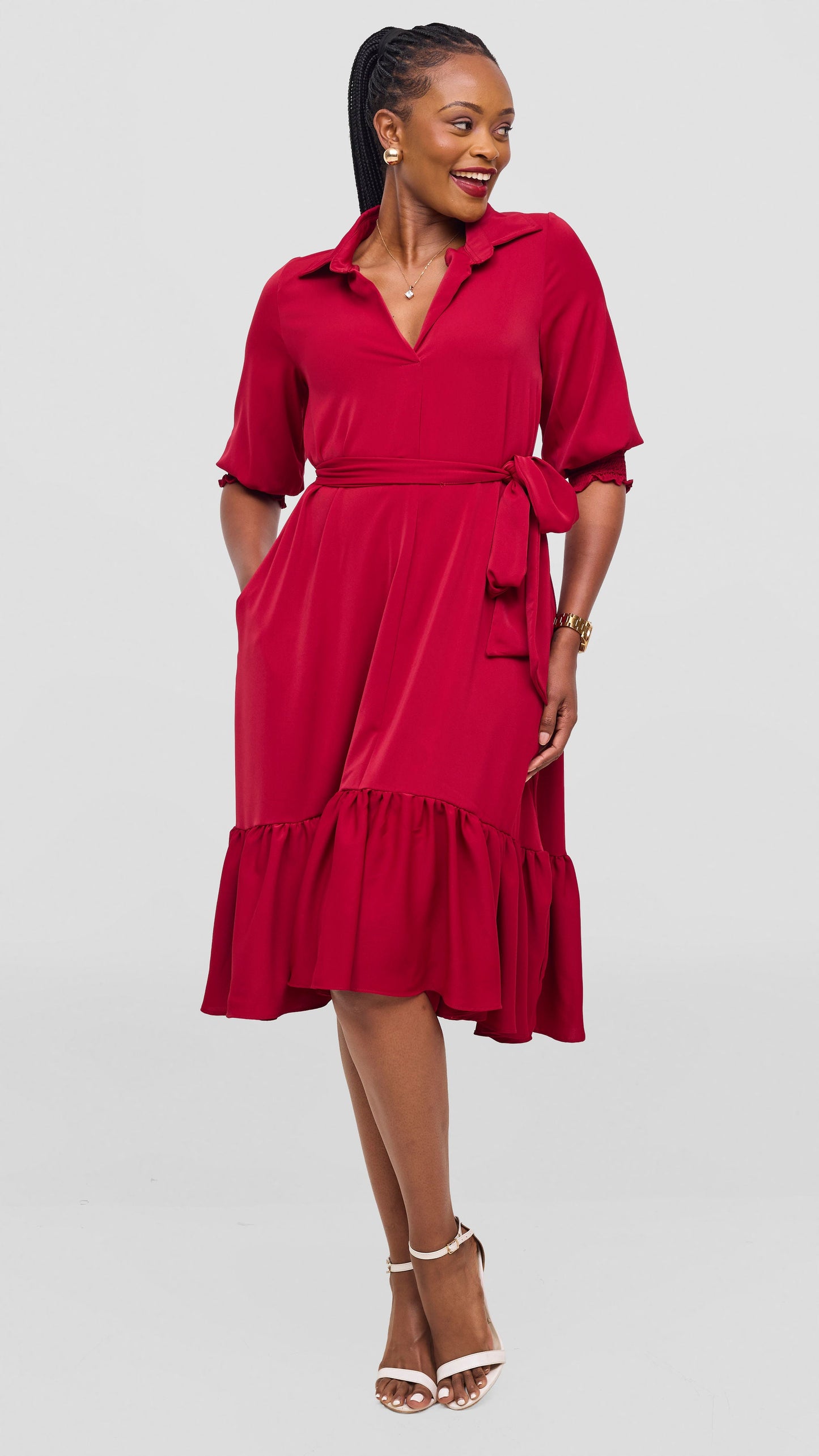 Vivo Serwa Flounce Dress - Dark Red