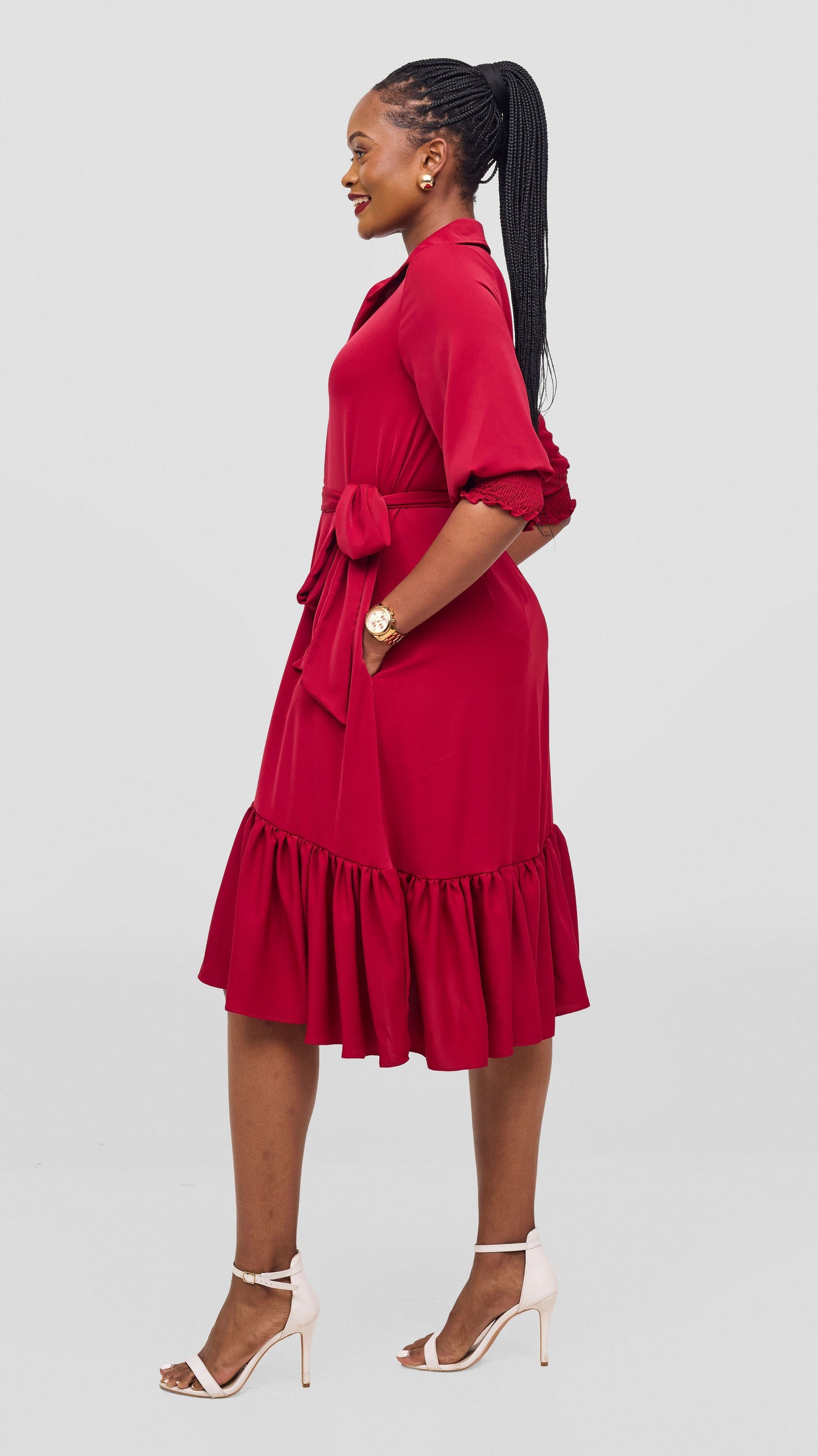 Vivo Serwa Flounce Dress - Dark Red