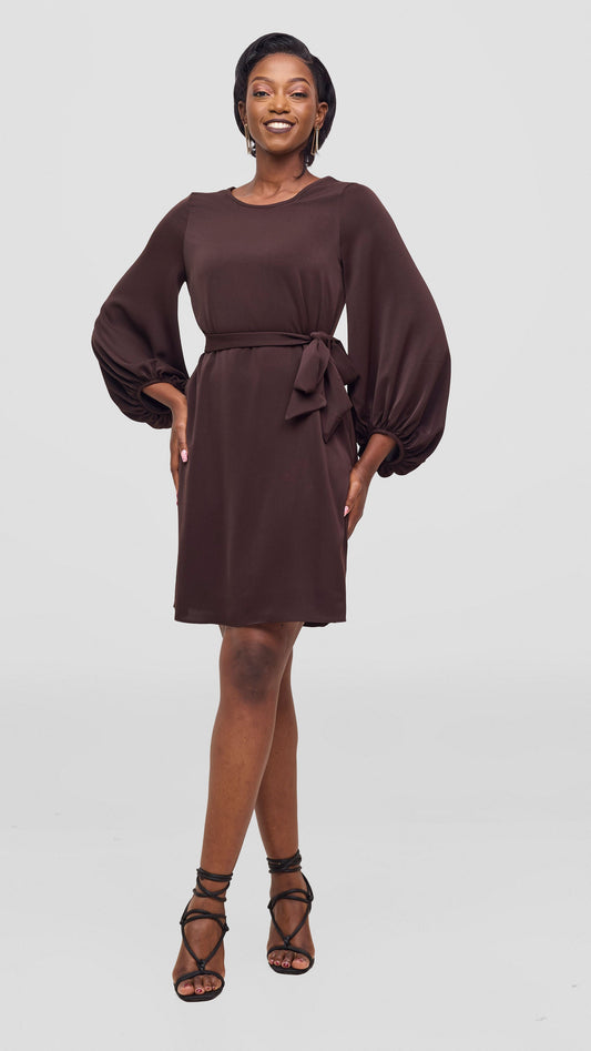 Vivo Naya Bishop Sleeve Shift Dress - Chocolate
