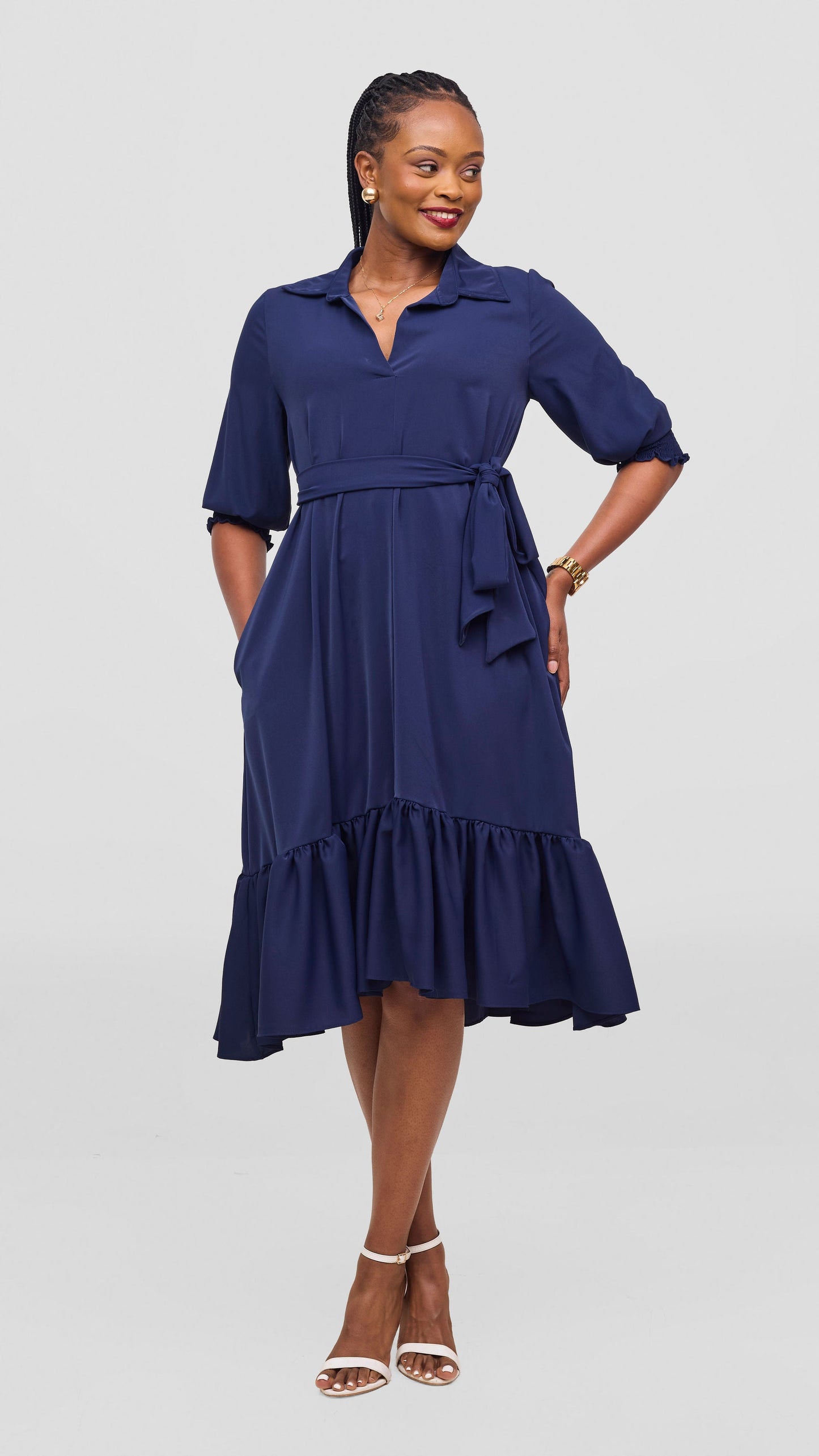 Vivo Serwa Flounce Dress - Navy
