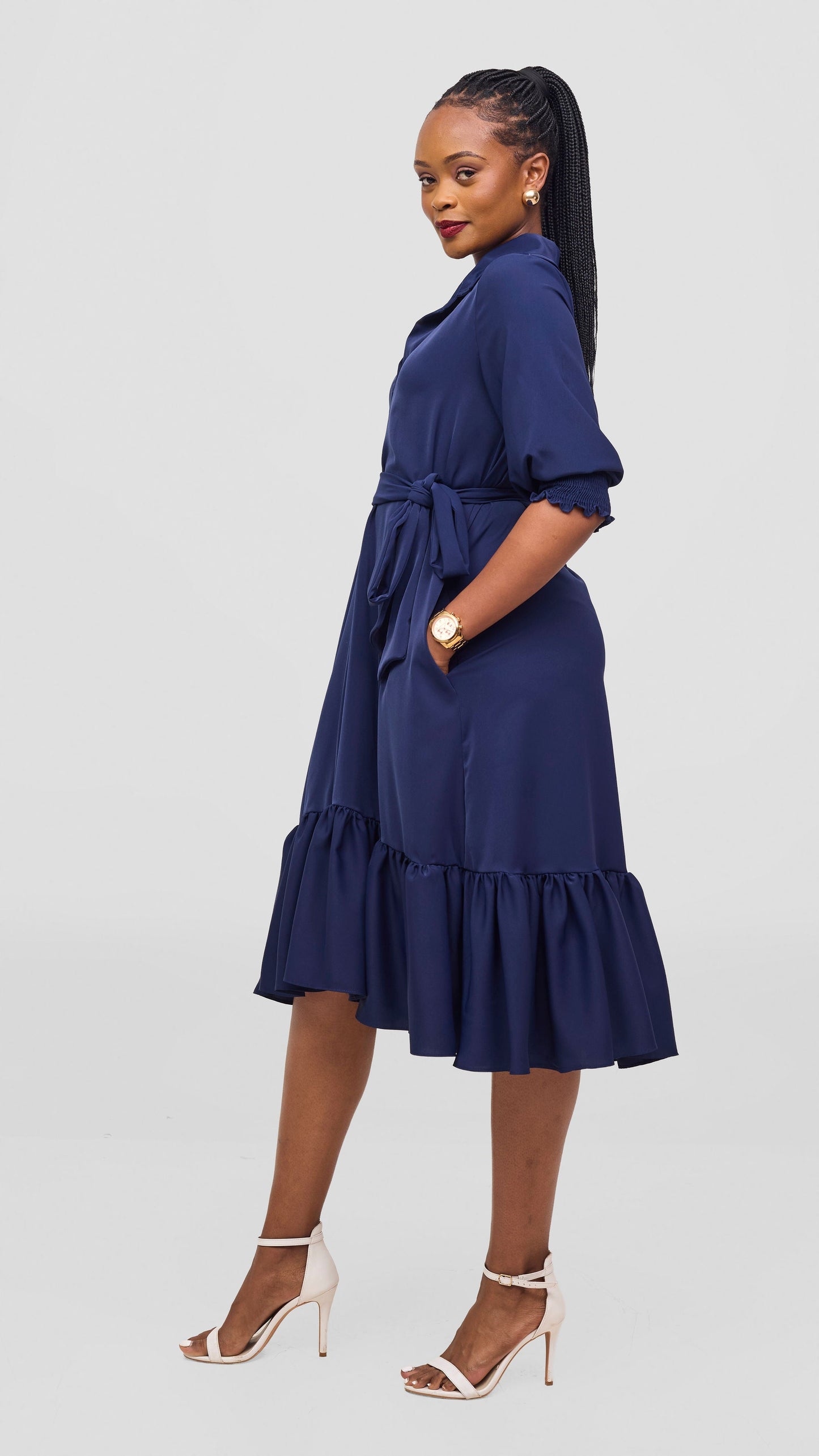 Vivo Serwa Flounce Dress - Navy