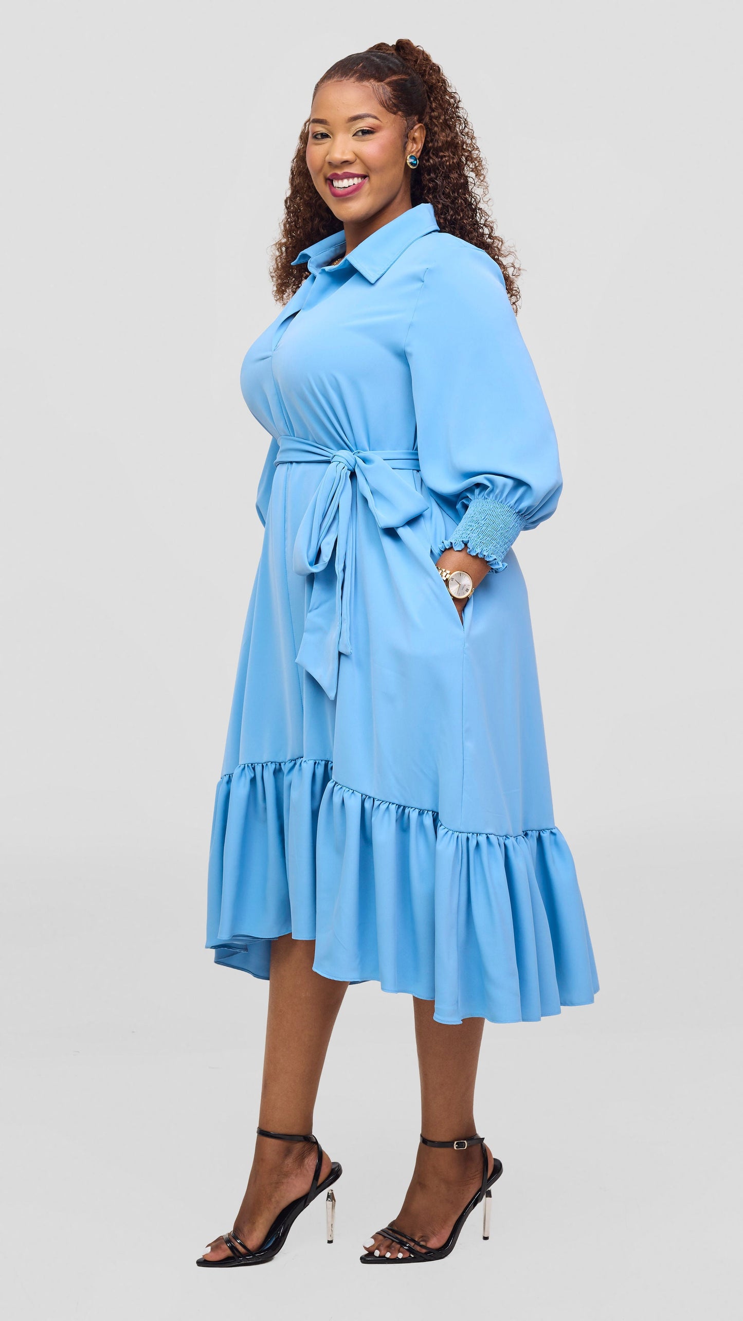 Vivo Serwa Flounce Dress - Sky Blue