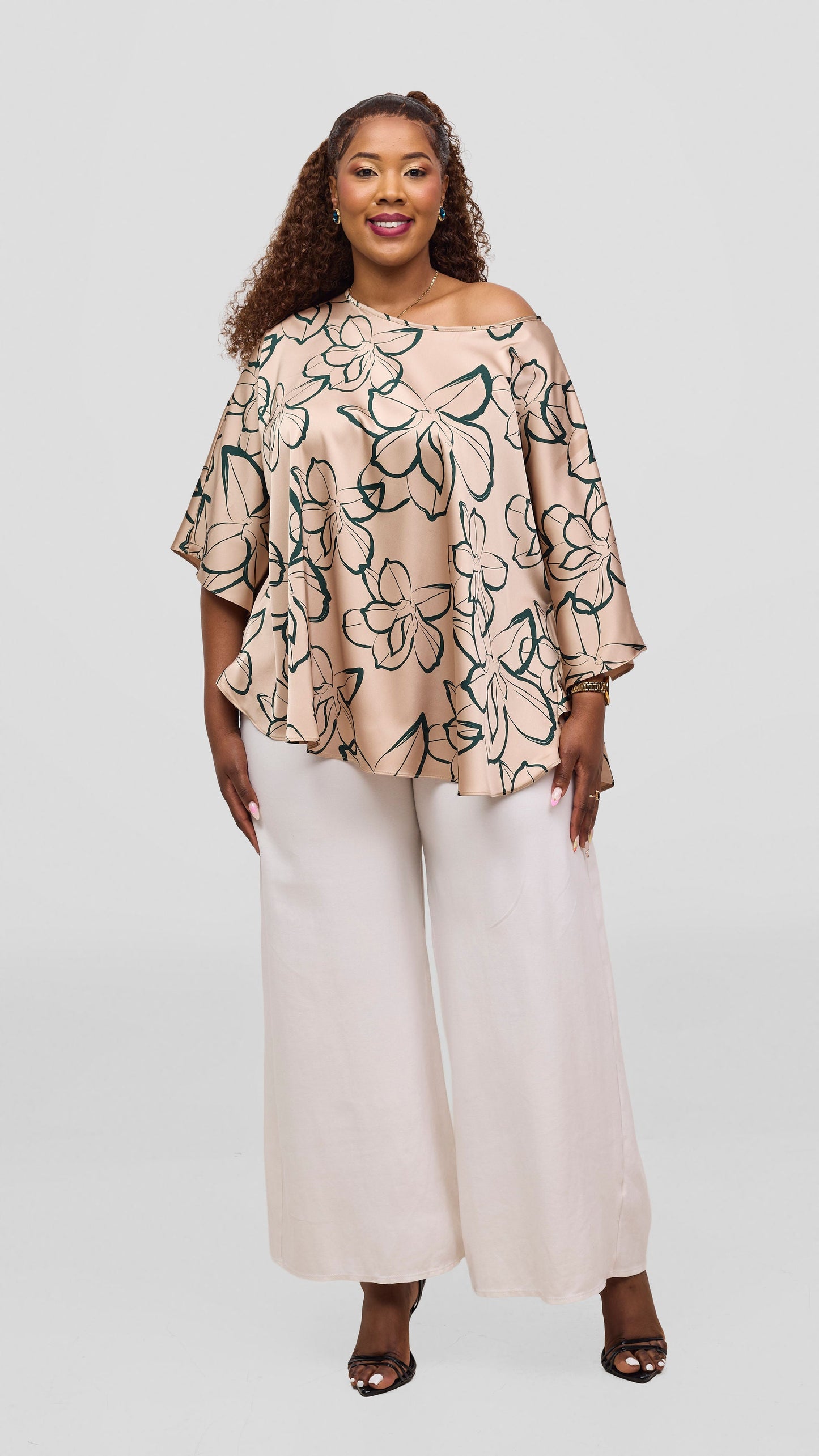 Vivo Keza Circular Loose Top - Taupe / Green Ruvu Print