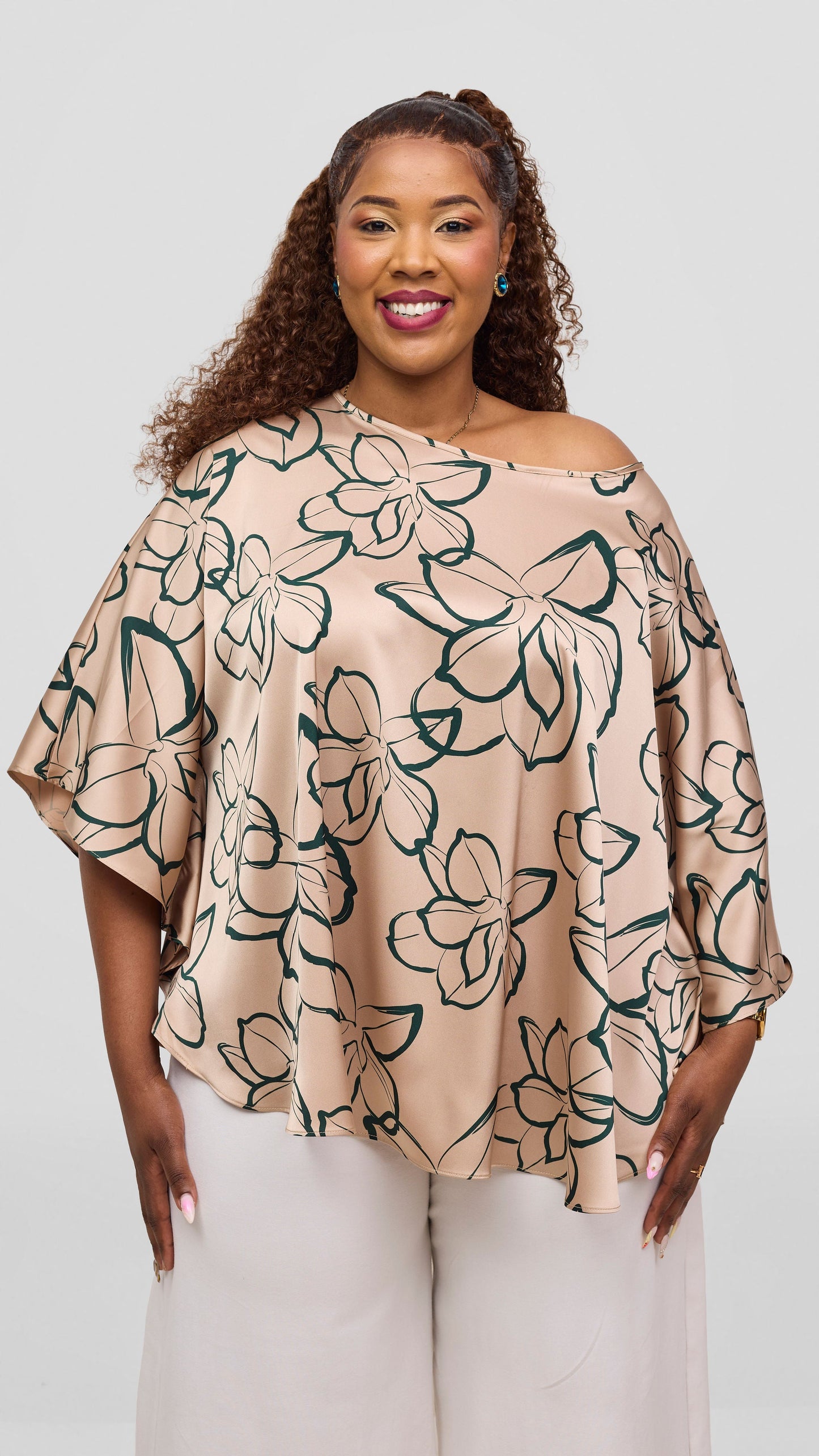 Vivo Keza Circular Loose Top - Taupe / Green Ruvu Print