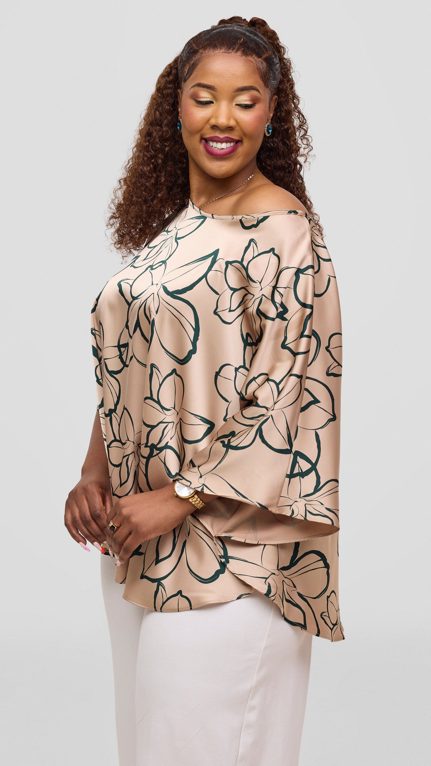 Vivo Keza Circular Loose Top - Taupe / Green Ruvu Print