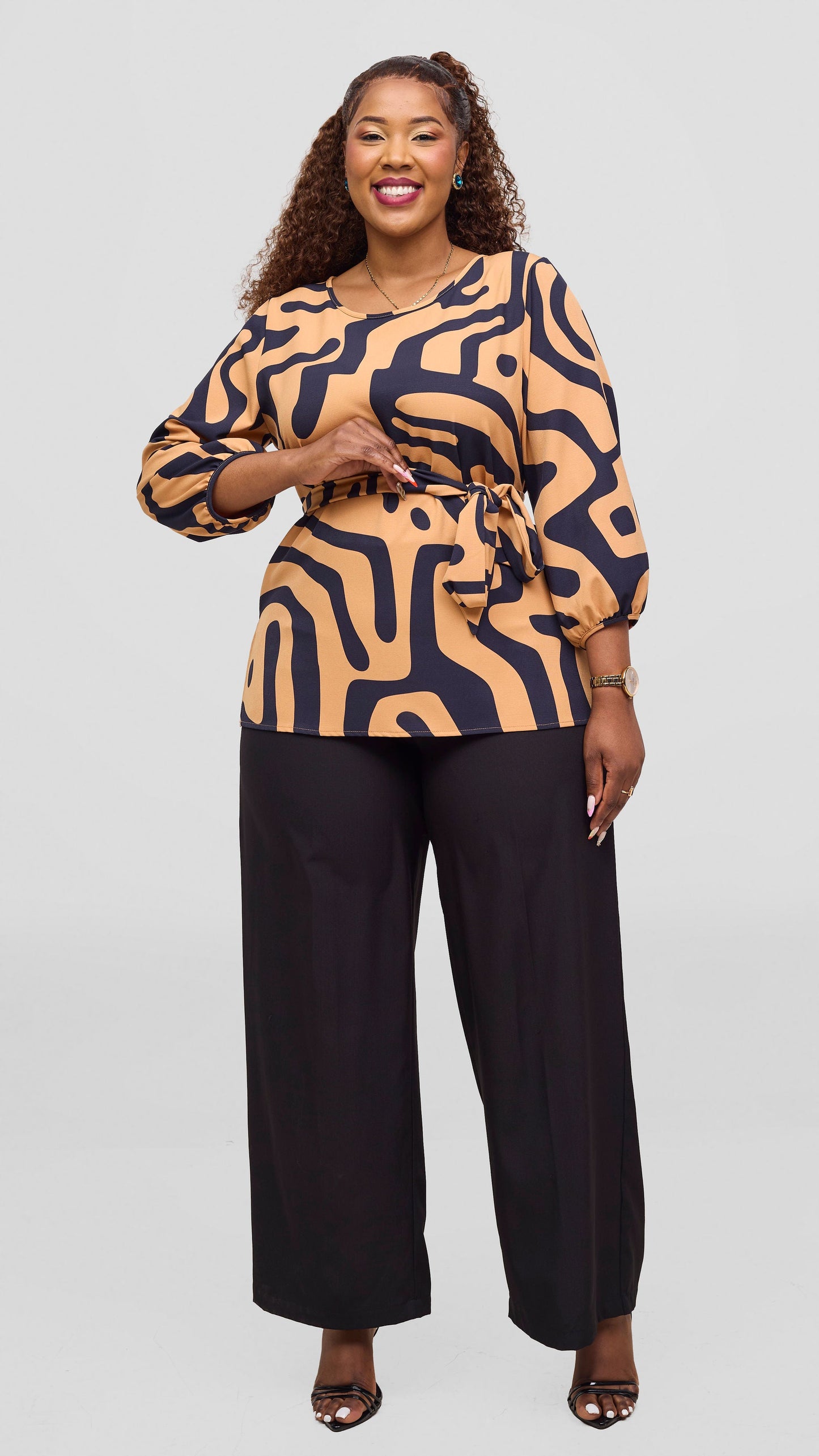 Vivo Kani Bishop Sleeve Top - Light Mustard / Navy Tamra Print