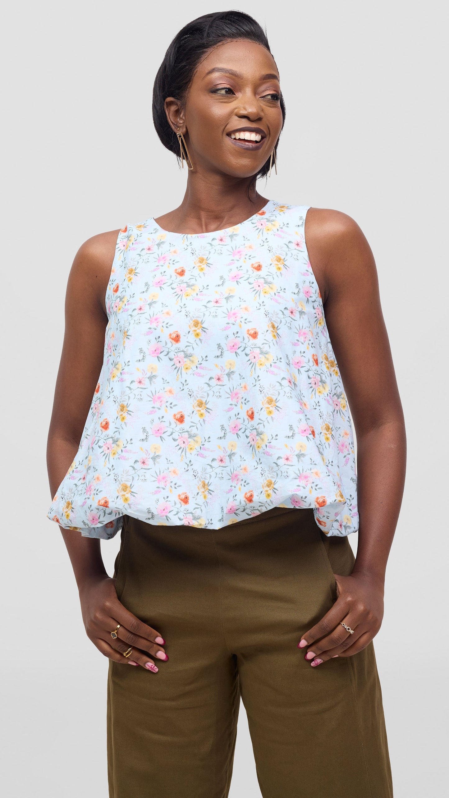 Vivo Lulu Cotton Bubble Sleeveless Top - Light Blue Flower Print