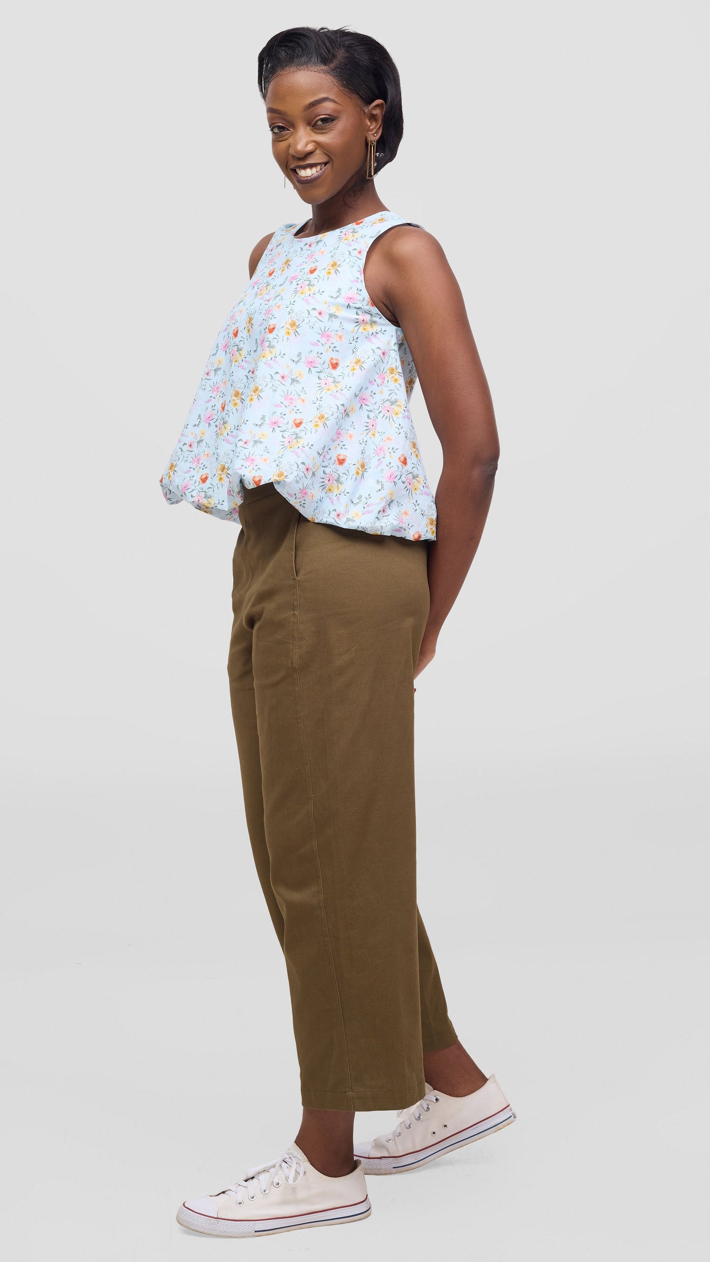 Vivo Lulu Cotton Bubble Sleeveless Top - Light Blue Flower Print
