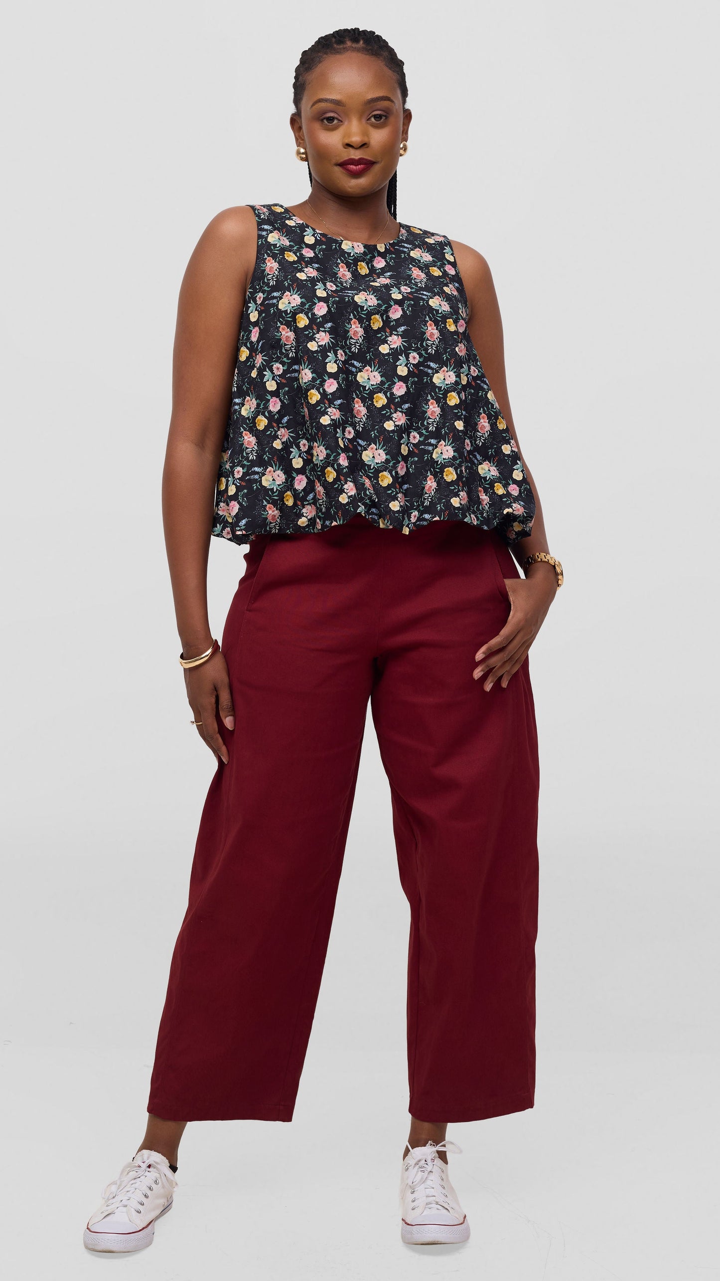 Vivo Lulu Cotton Bubble Sleeveless Top - Black Flower Print