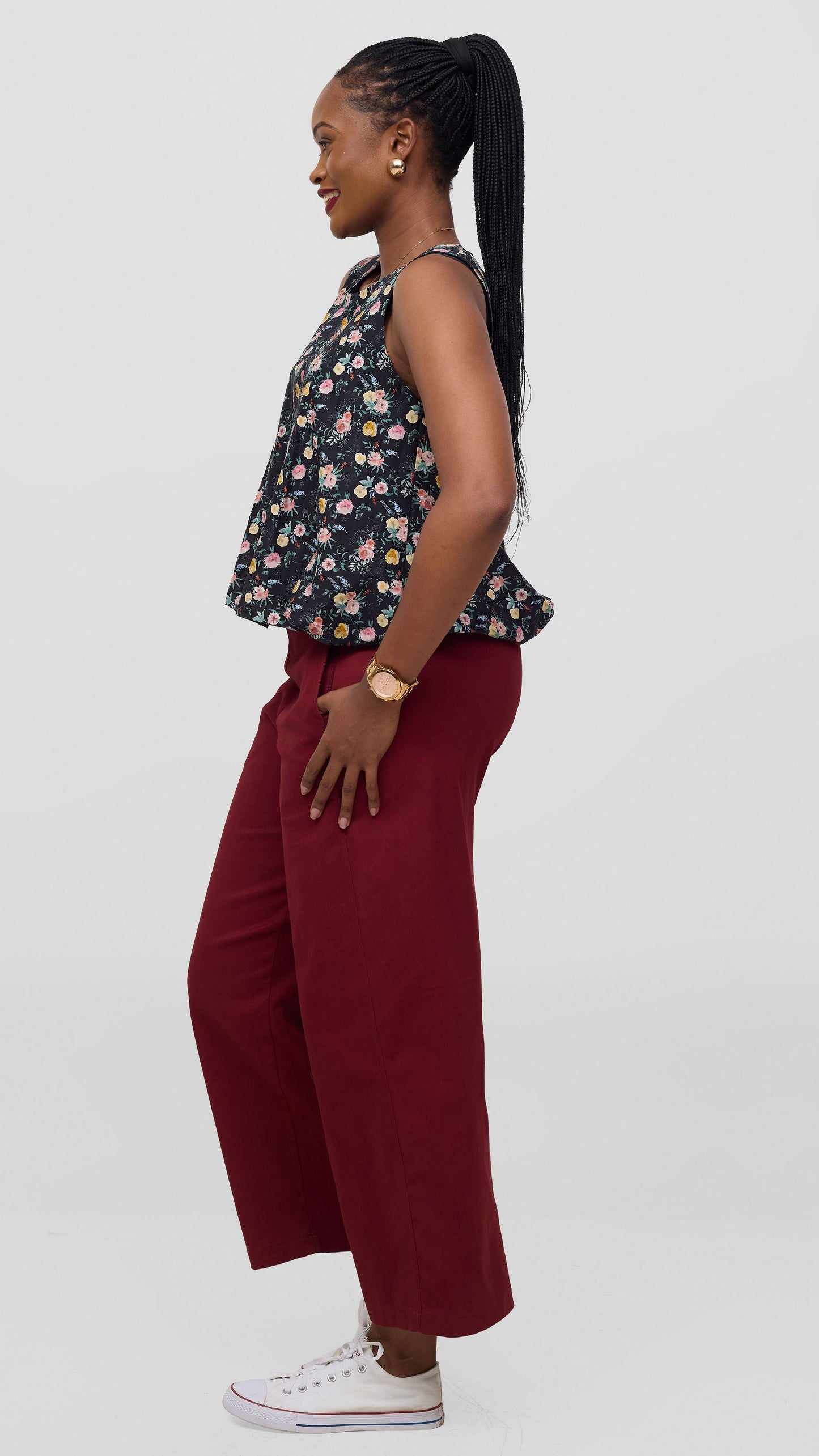 Vivo Lulu Cotton Bubble Sleeveless Top - Black Flower Print