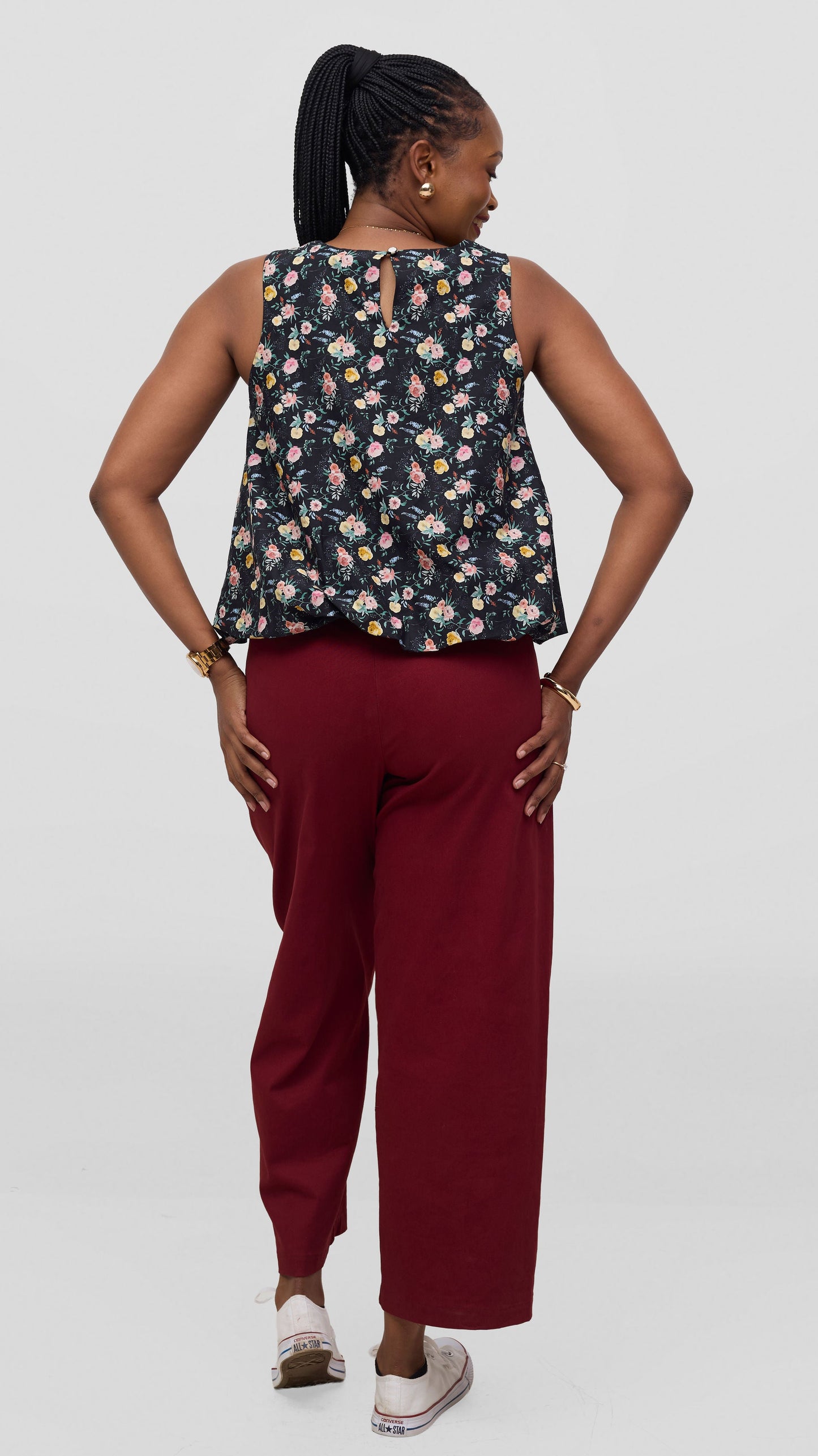 Vivo Lulu Cotton Bubble Sleeveless Top - Black Flower Print