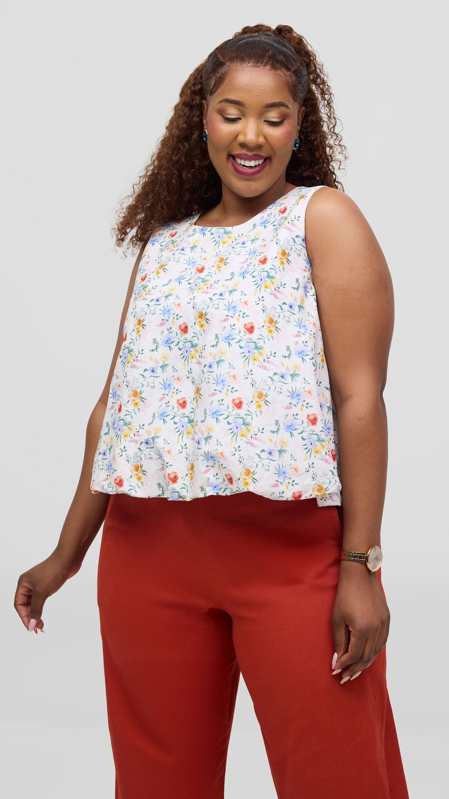 Vivo Lulu Cotton Bubble Sleeveless Top - Off White Flower Print