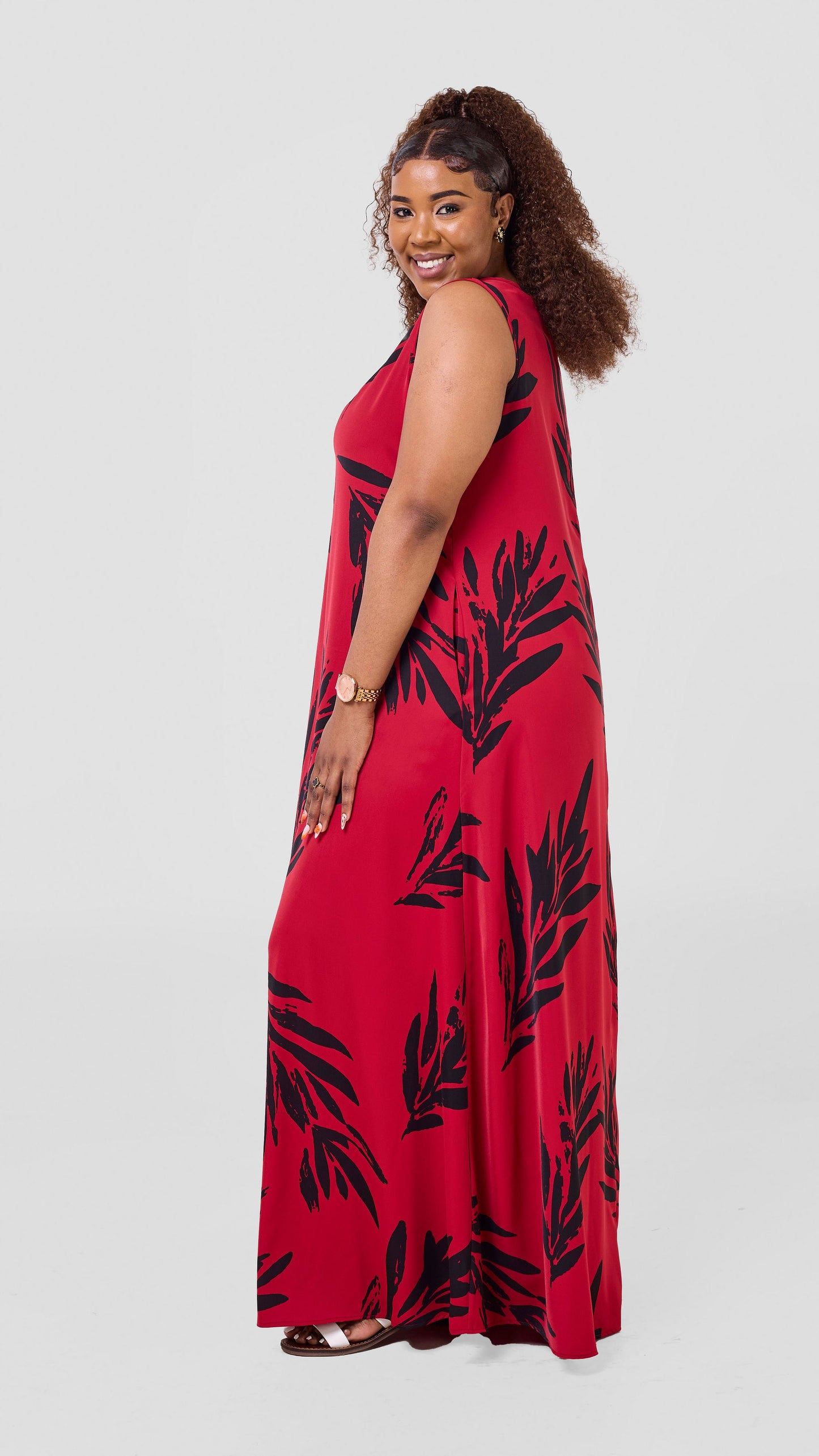 Vivo Basic Sleeveless Tent Maxi Dress - Dark Red / Black Ewale Print