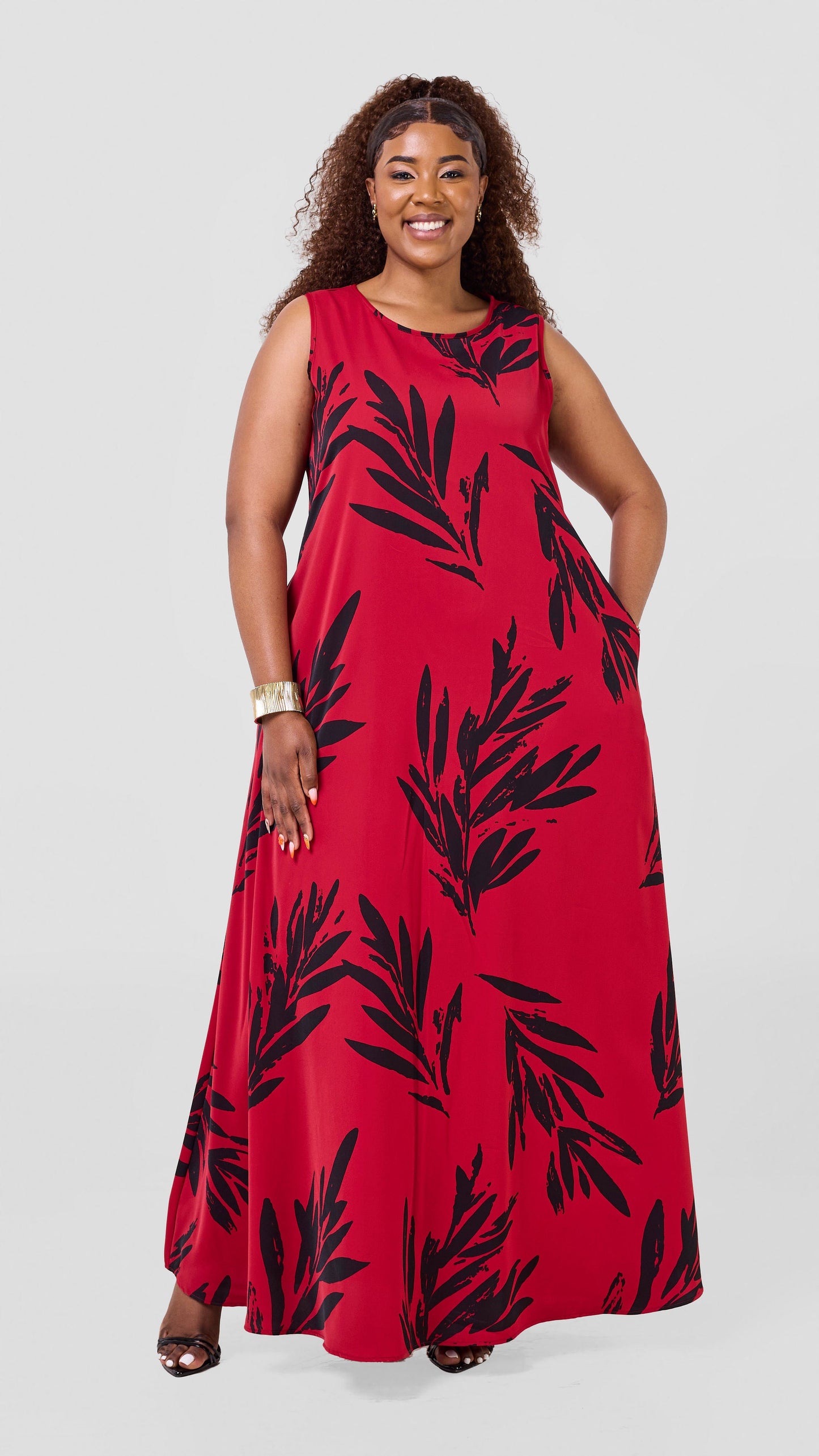 Vivo Basic Sleeveless Tent Maxi Dress - Dark Red / Black Ewale Print