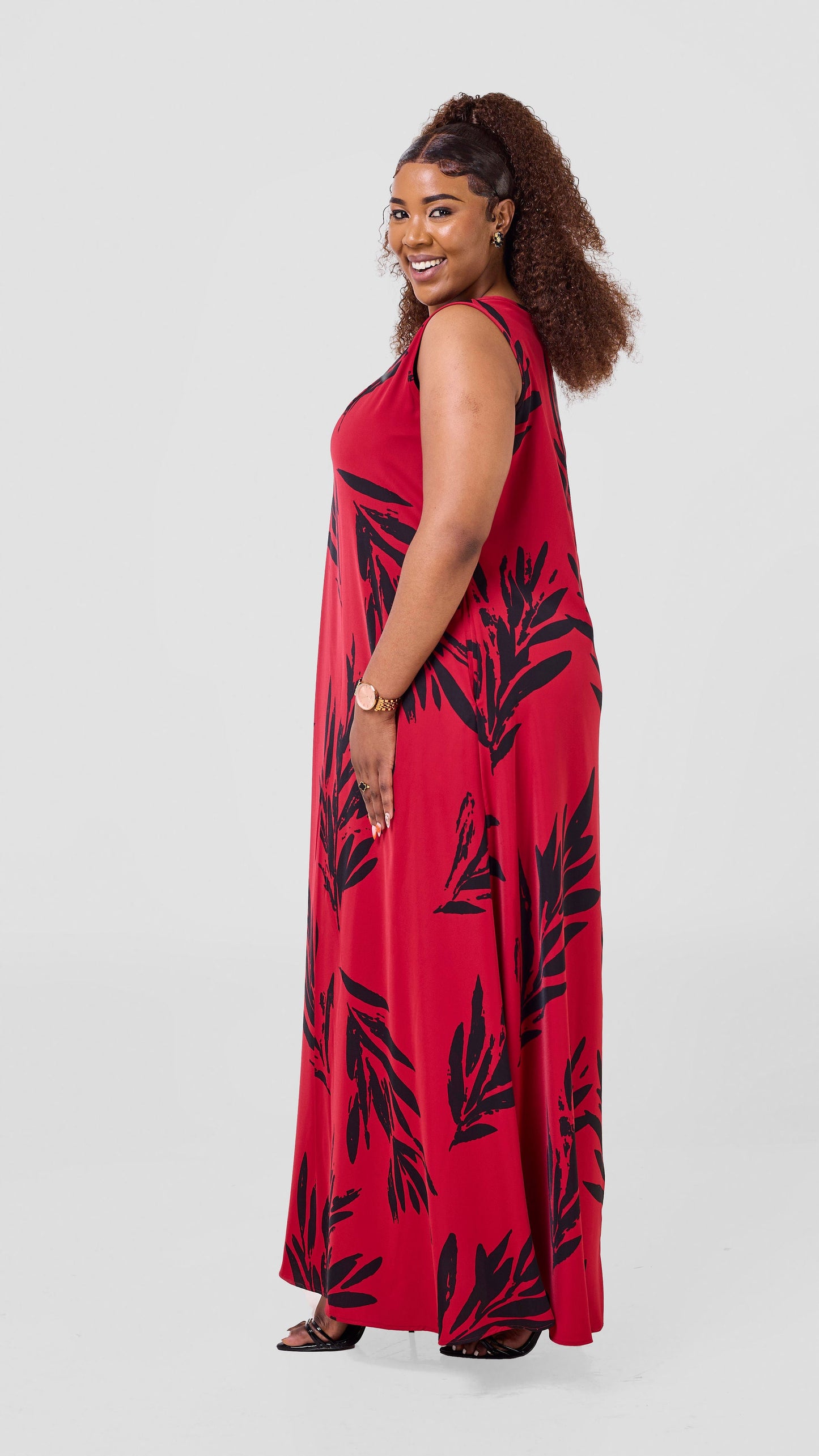 Vivo Basic Sleeveless Tent Maxi Dress - Dark Red / Black Ewale Print